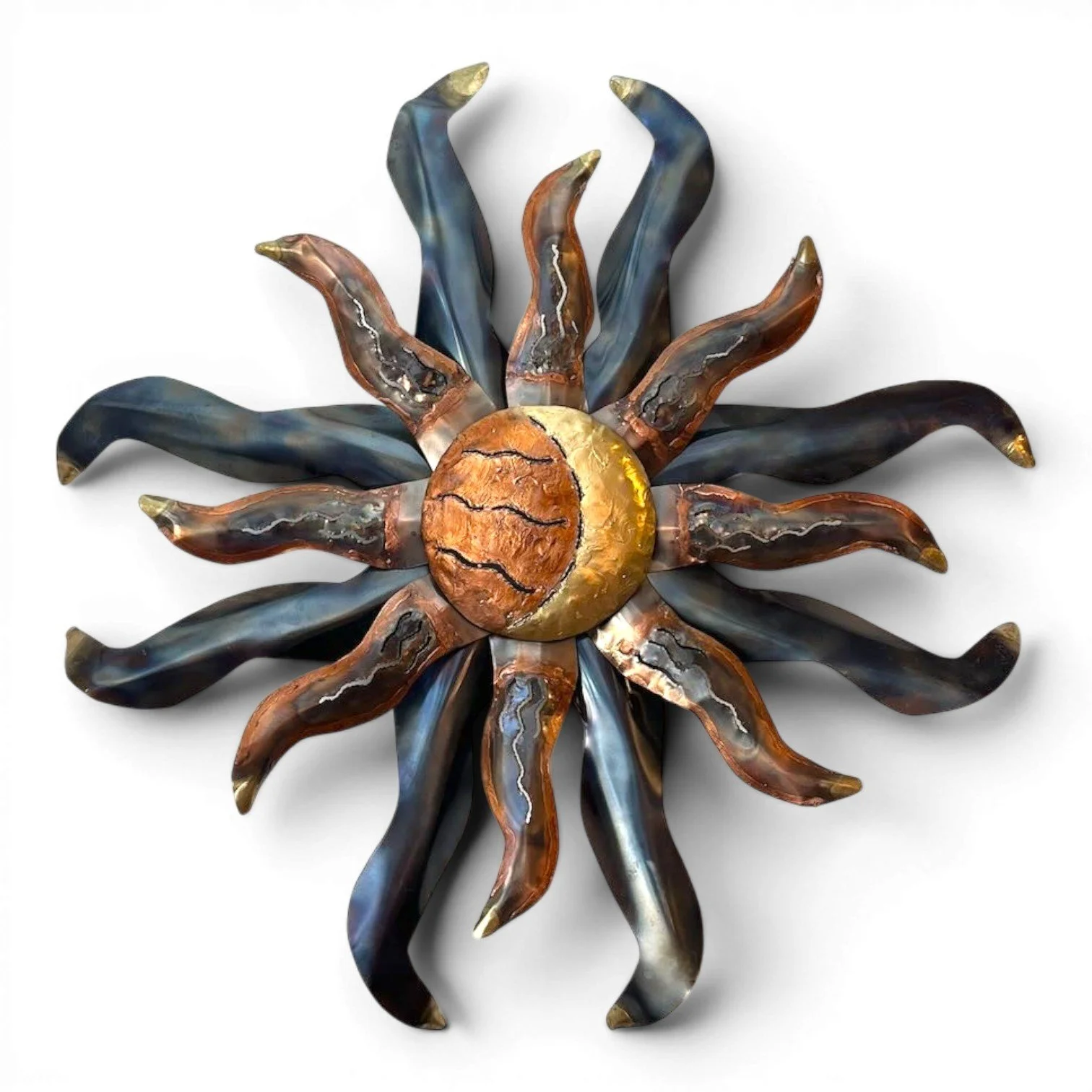 Handmade copper sun wall art from Mexico with radiant sunburst design and rustic metal detailing.