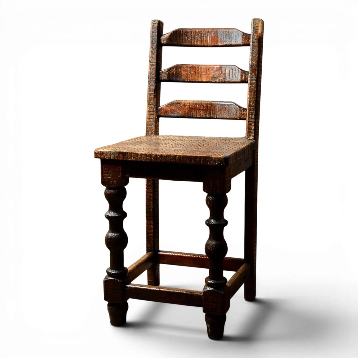 Handmade Mexican Silla Antigua de Mezquital bar stool with ladder back, turned legs, and dark stained finish