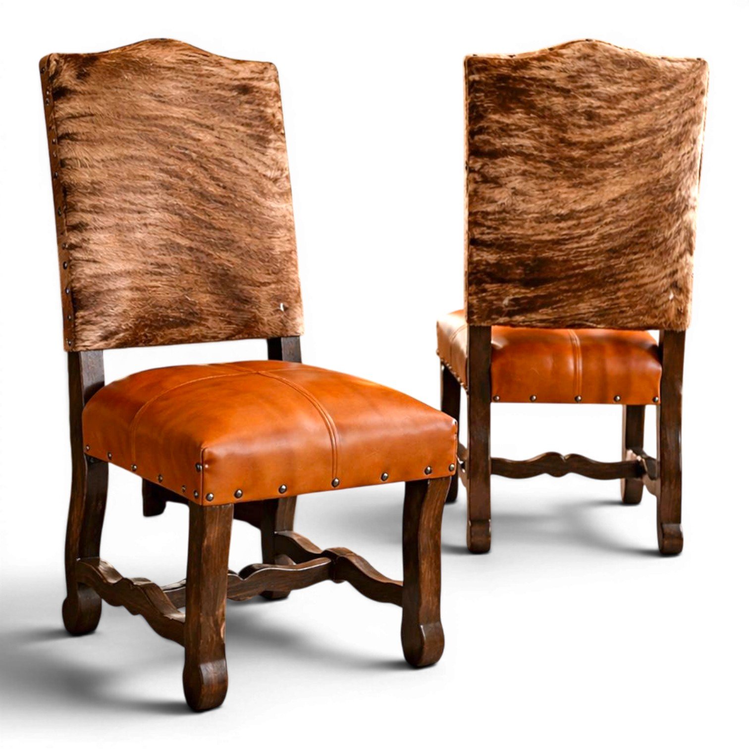 Handmade San Lucas terracotta leather and genuine cowhide dining chair with dark wood frame and decorative nailhead trim crafted in Mexico.