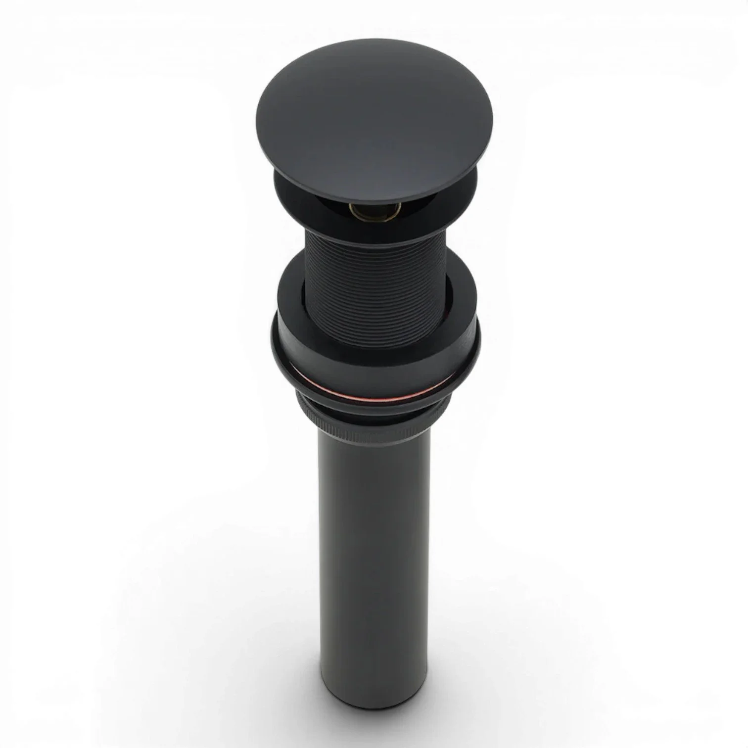 1.5-inch matte black non-overflow pop-up bathroom sink drain made of solid brass for vessel sinks.