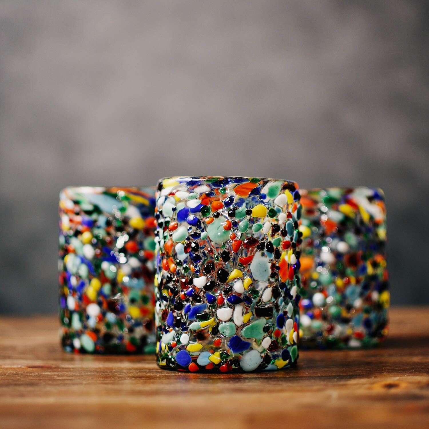 Handblown Mexican Guanajuato confetti glass tumbler with colorful textured artisan finish.