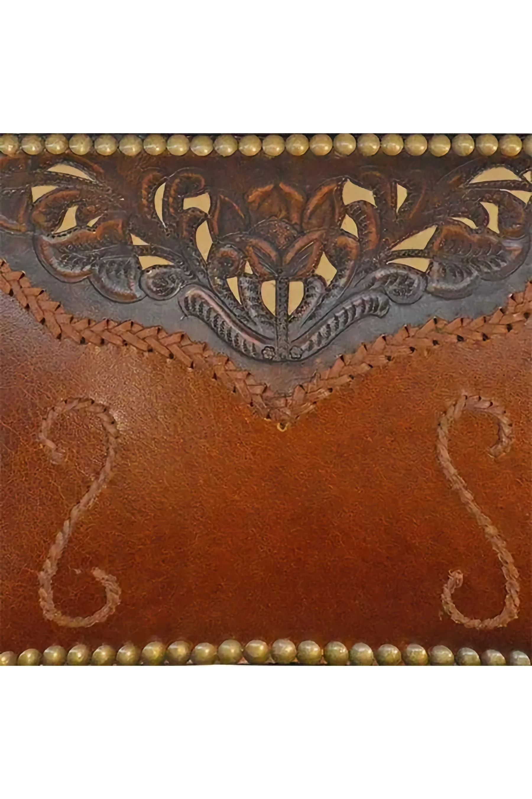 Shop a tooled leather bar stool with fringe and carved wood details. Rustic Western design with clavos accents for unique bar seating.