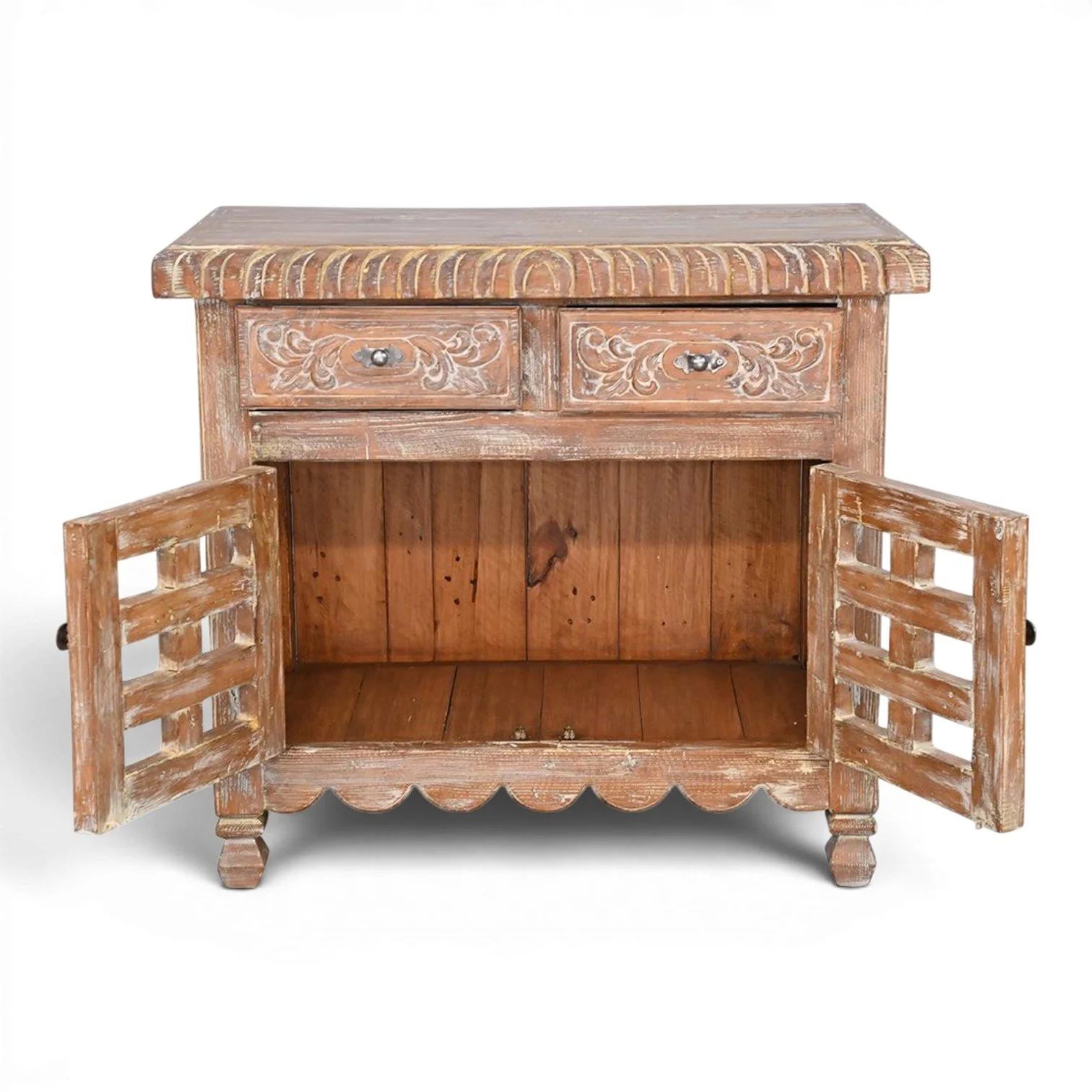 Handmade Klondike whitewashed cabinet with hand-carved details, glass panel doors, and decorative iron hardware.