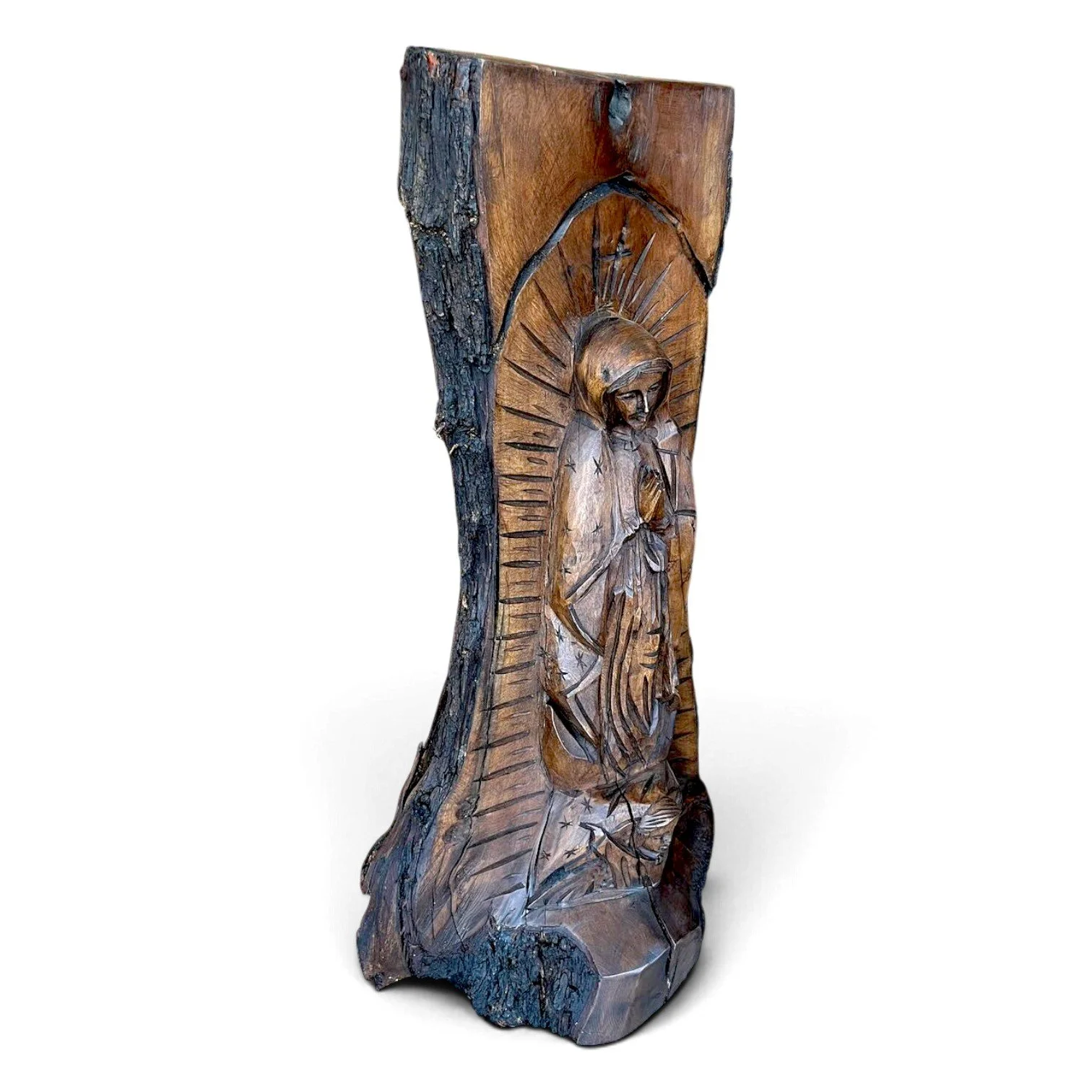 Large handmade hand-carved mesquite wood Virgin Mary statue with dark stain finish