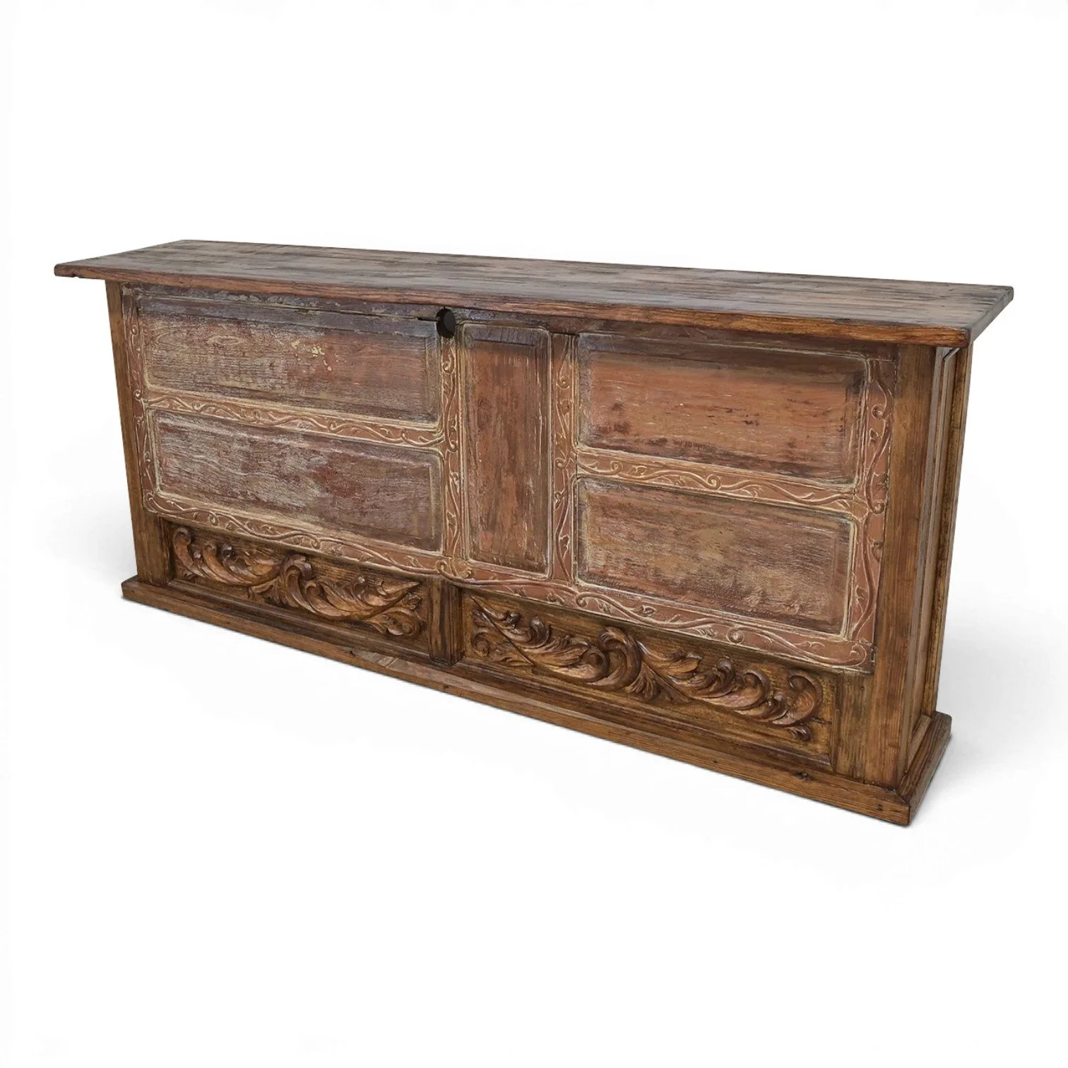 Handmade Sabinas rustic Western bar with hand-carved details and distressed antique finish crafted in Mexico.