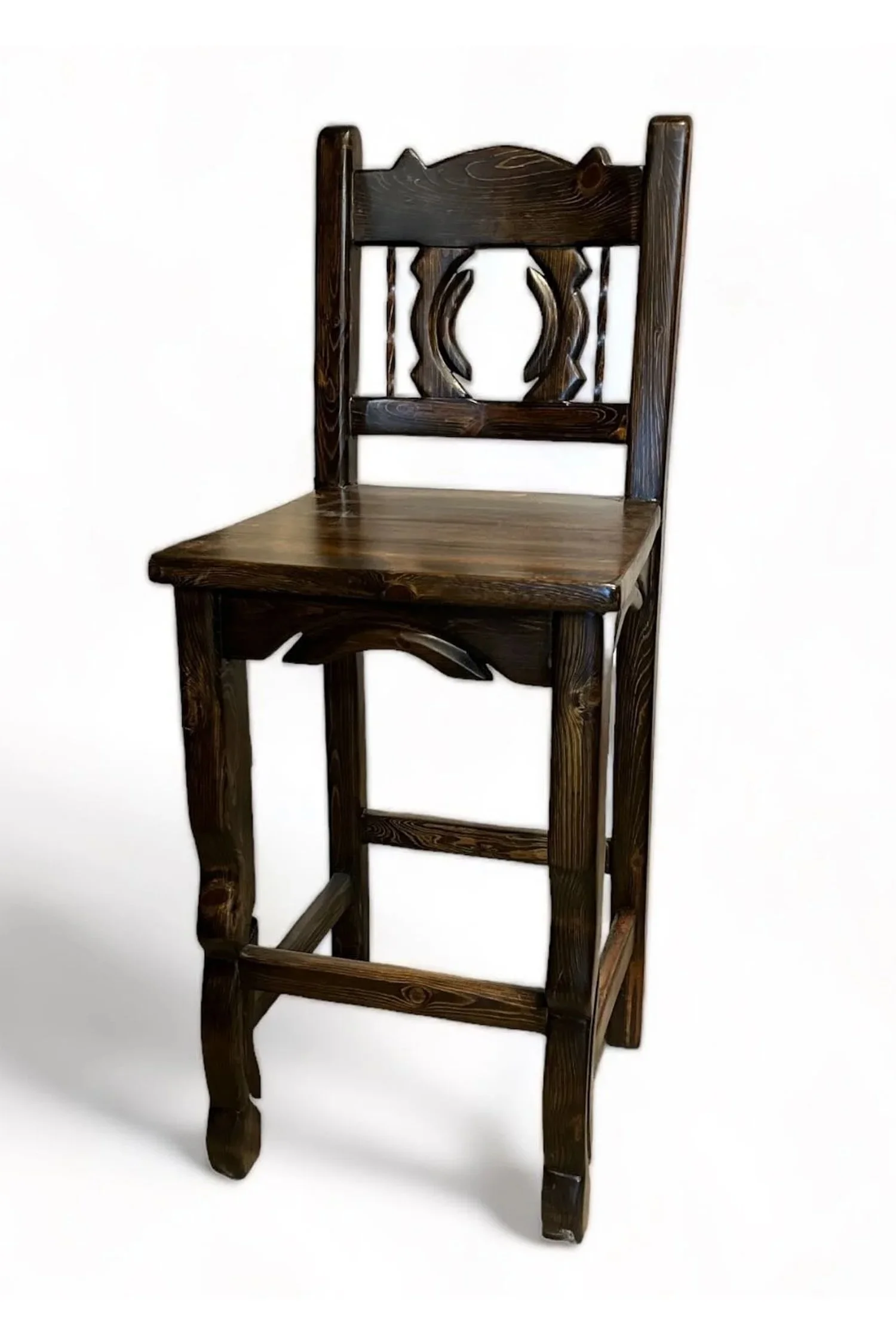 Shop a handmade Western bar stool from Mexico. Reclaimed wood with carved details and yoke backrest for rustic kitchens and bars.