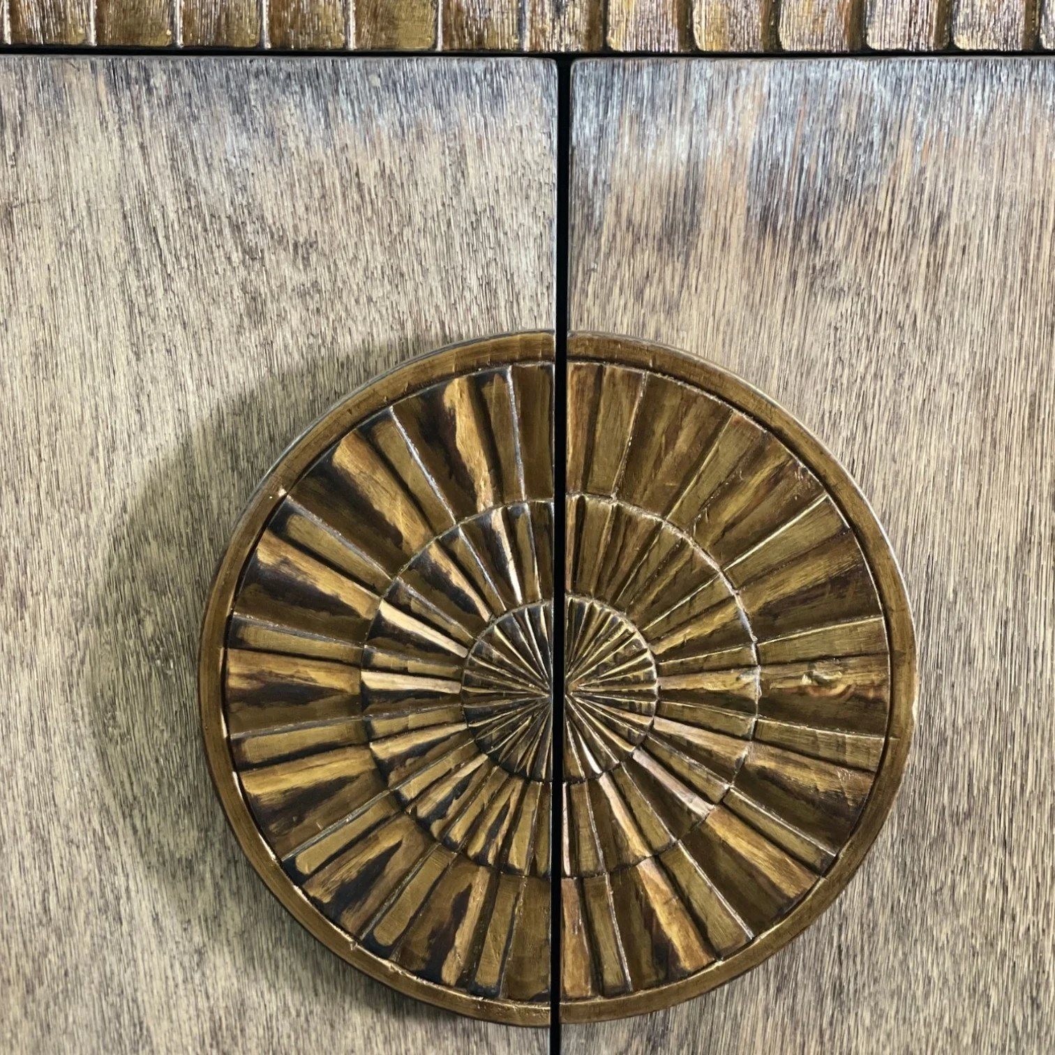 Handmade Peruvian Sebastiana Buffet with distressed warm finish, black accents, and carved gold handles