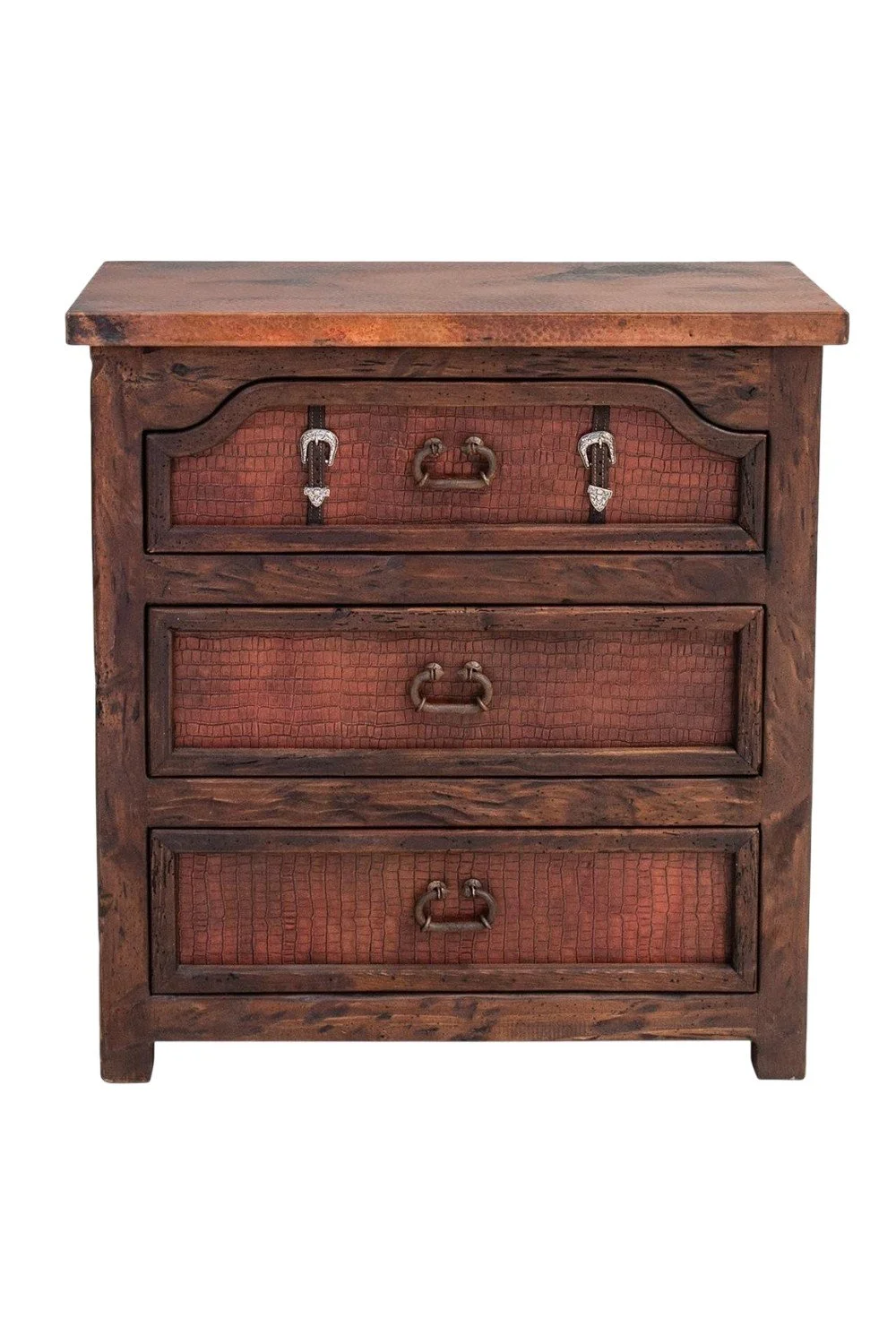 Shop the Todos Santos Croc Print Nightstand with copper top, croc leather drawer panels, and handcrafted rustic luxury Western design.