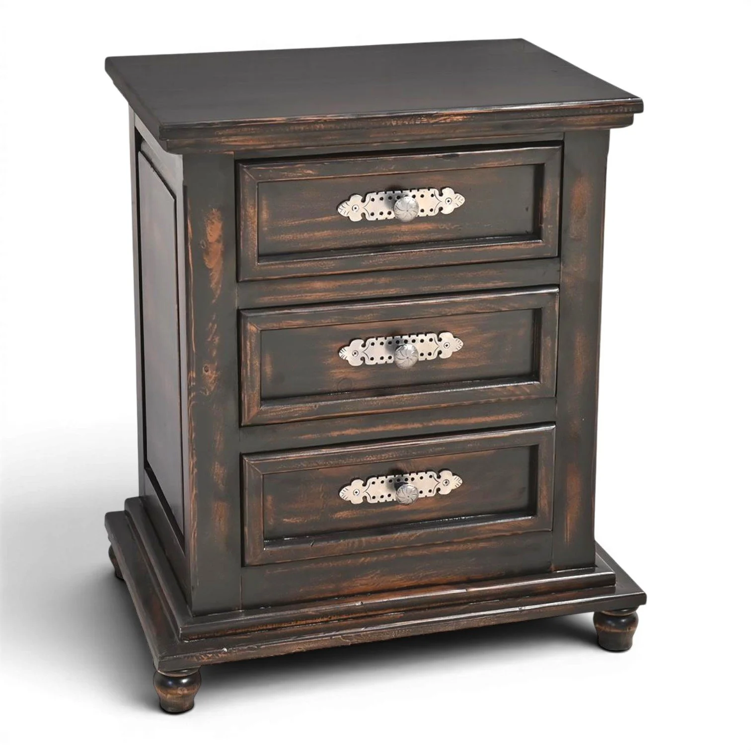 Handmade Mexican Arenas Negras three drawer nightstand with black washed finish and iron hardware