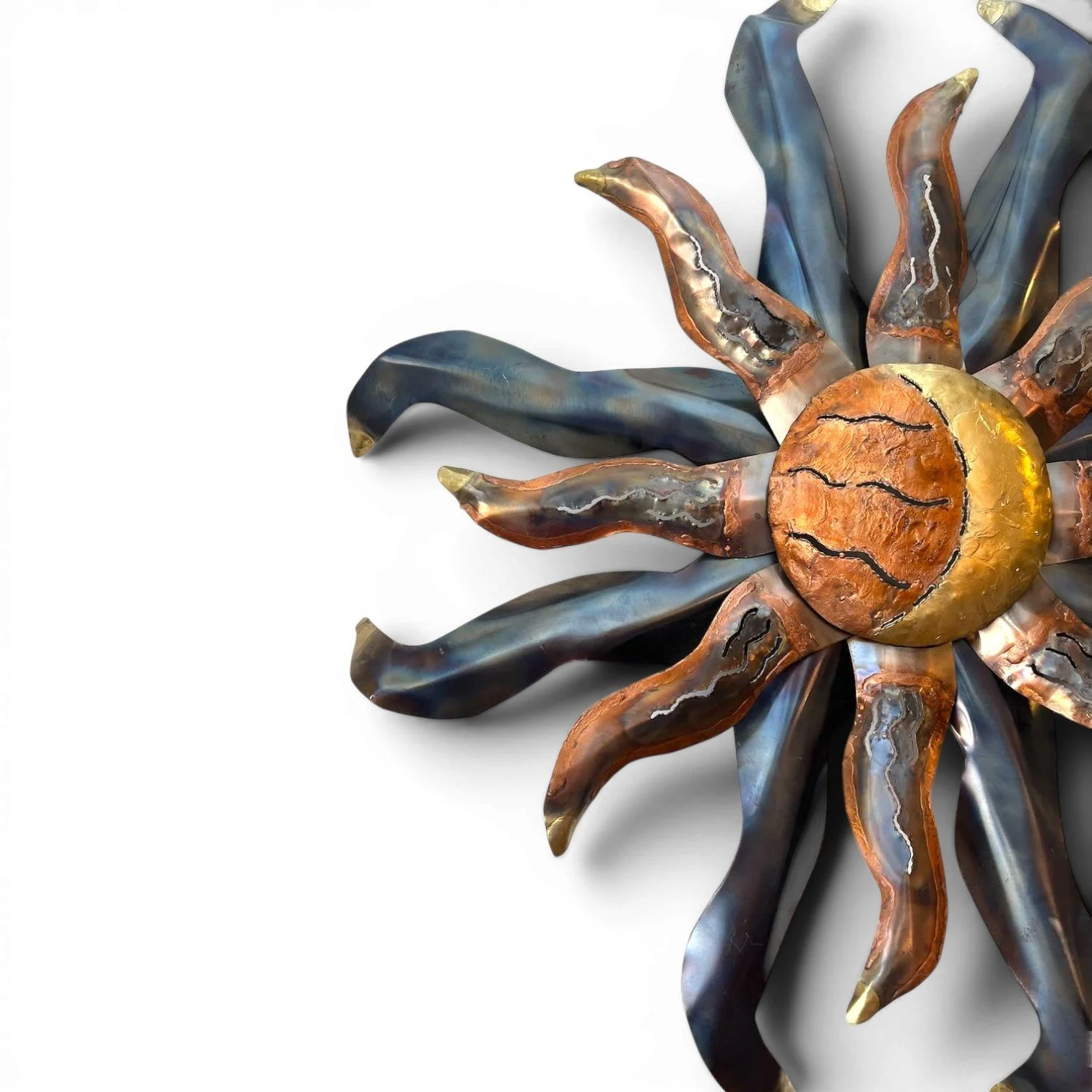 Handmade copper sun wall art from Mexico with radiant sunburst design and rustic metal detailing.