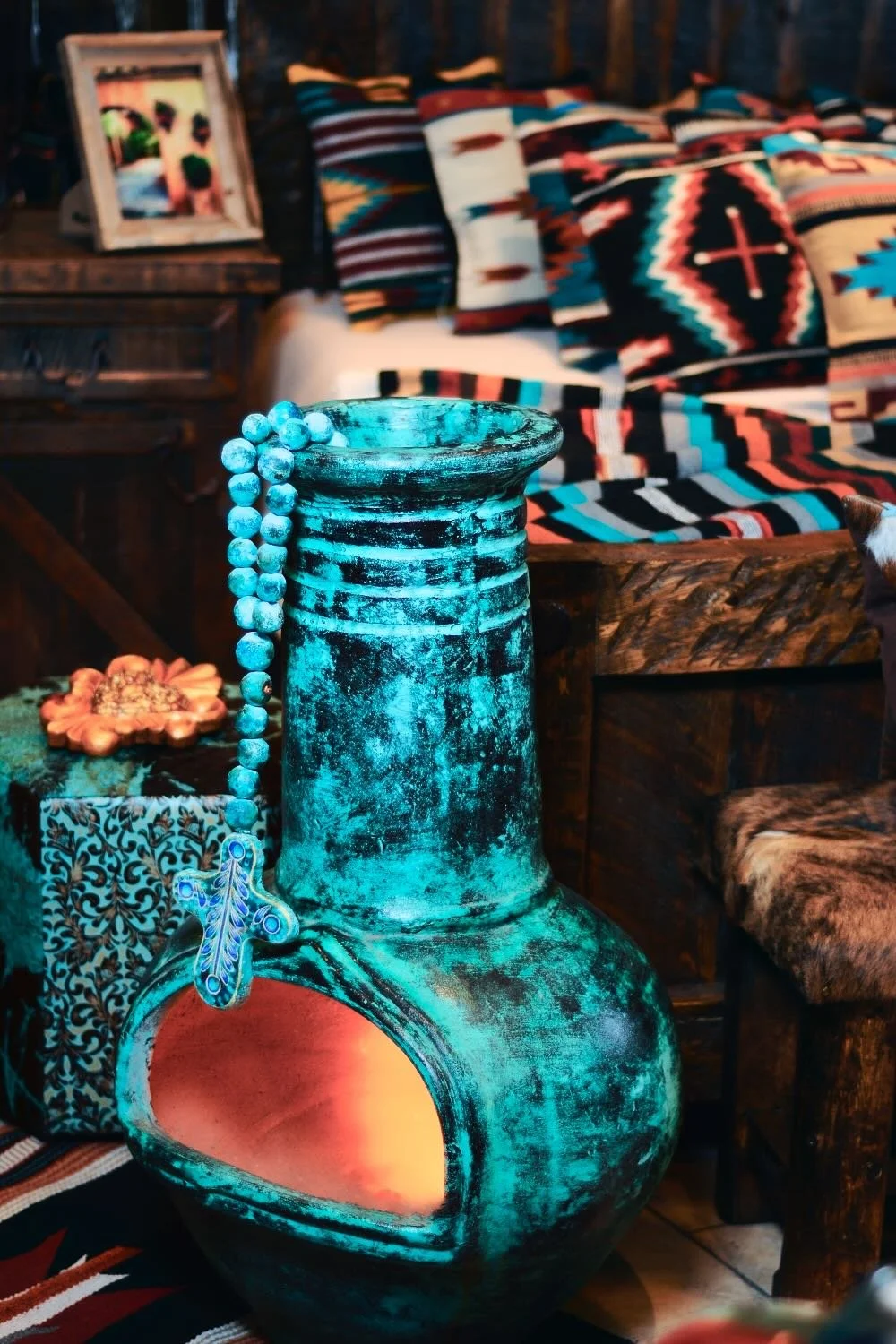Turquoise clay chiminea with turquoise rosary beads from Mexico