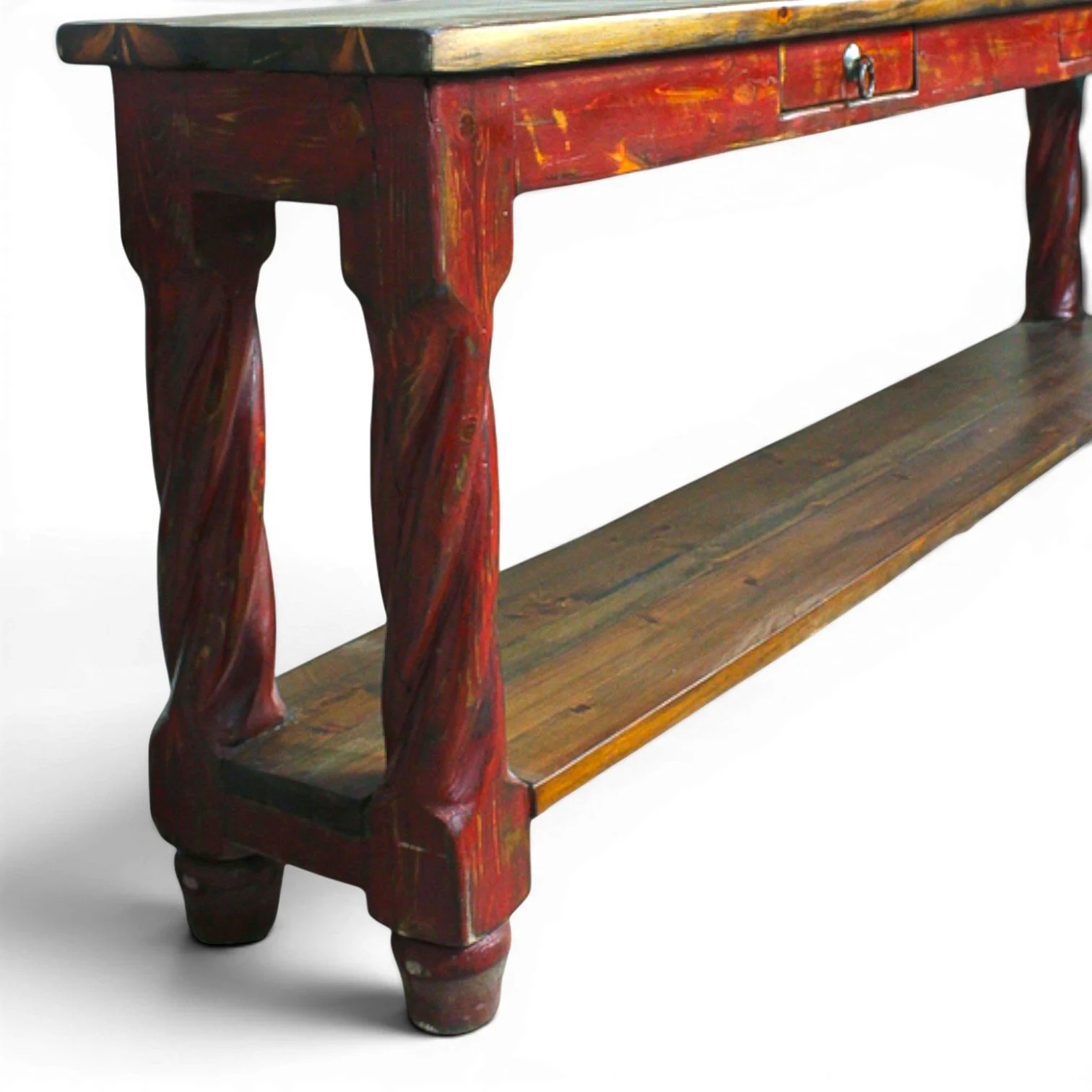 Handmade Mexican reclaimed wood sofa table with twisted legs for coastal and rustic interiors