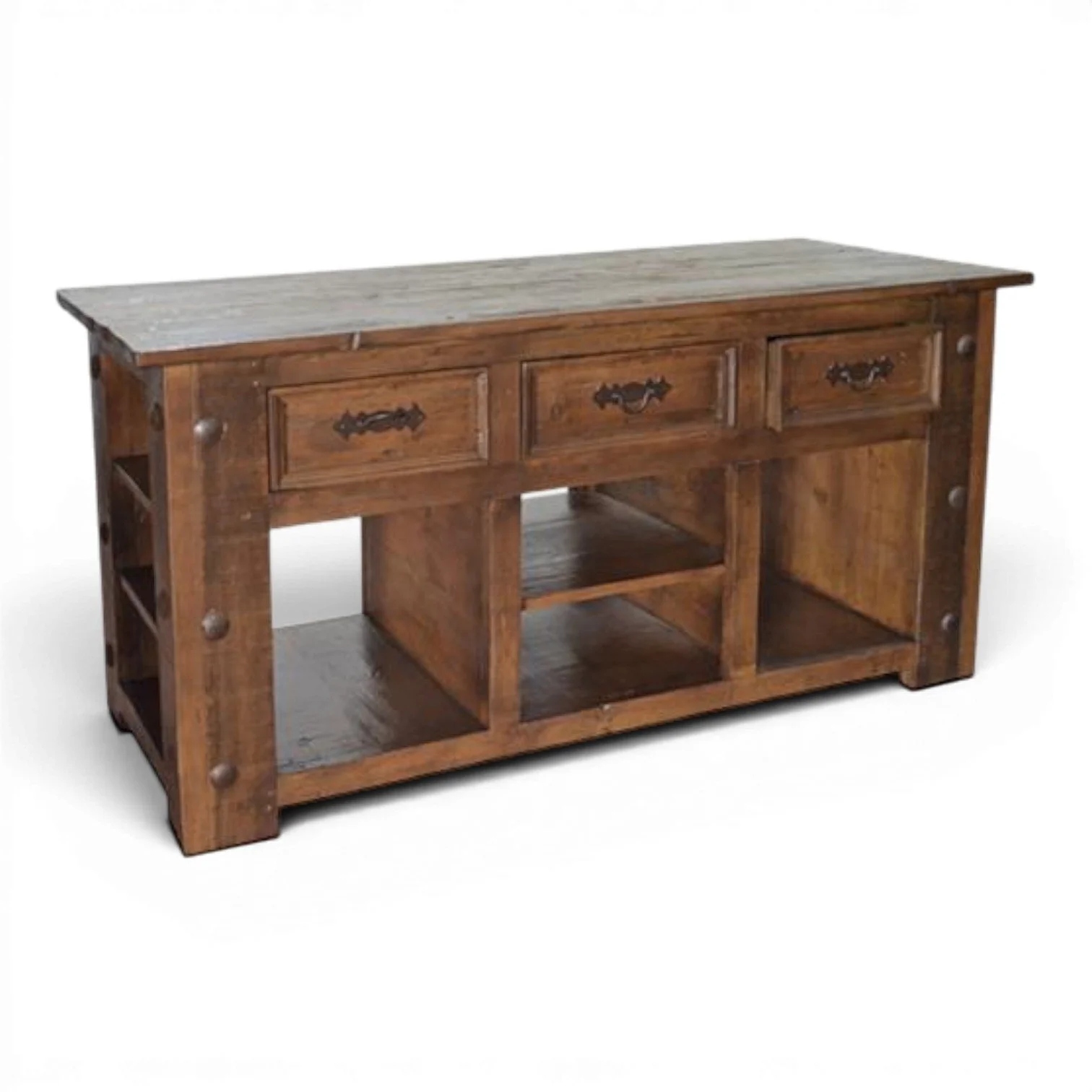 Handmade Mexican Farming kitchen island with solid wood construction, rich dark stain, iron hardware, and decorative iron clavos.
