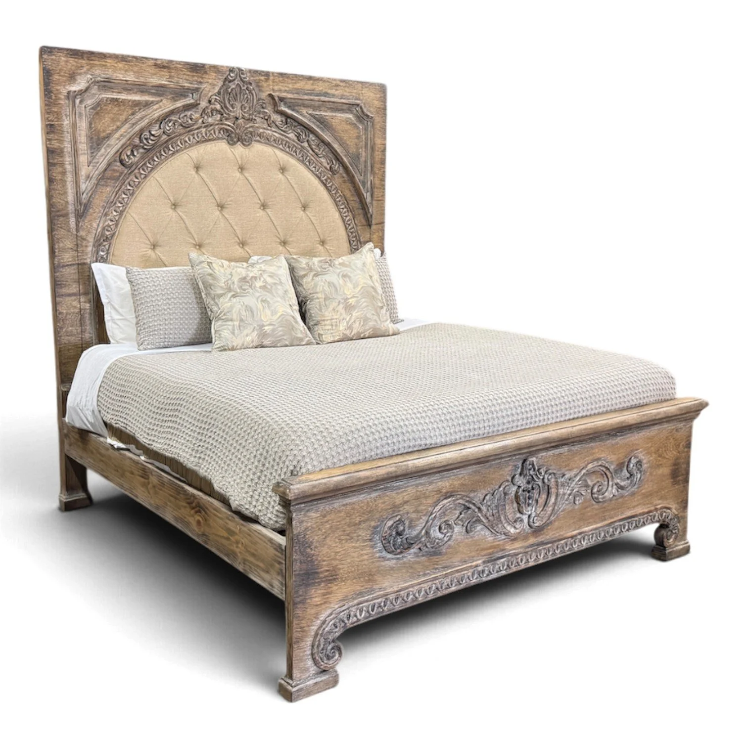 Handmade whitewashed king bed with button-tufted upholstered headboard