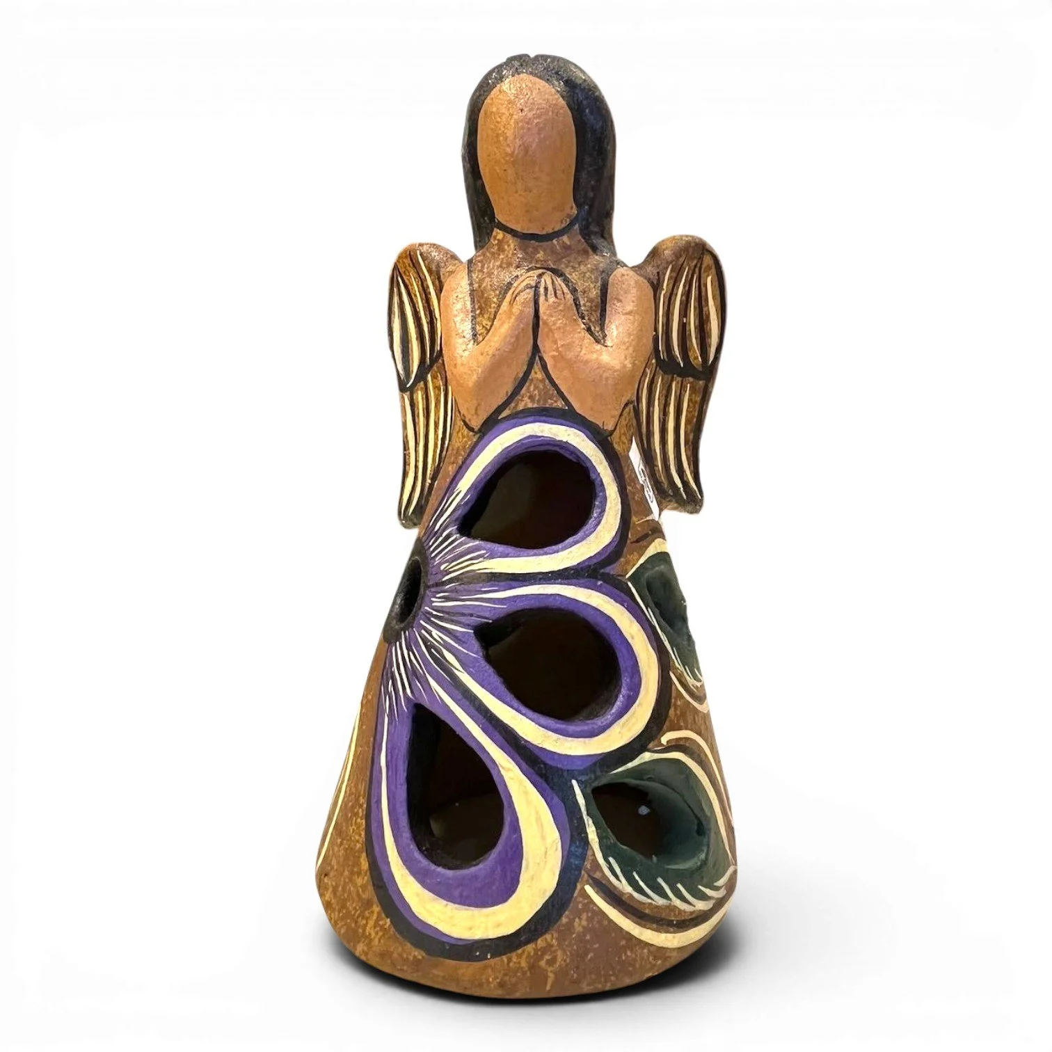 Handmade Mexican Ángel Luminaria clay candle lantern with hand-painted finish and decorative cutout design.
