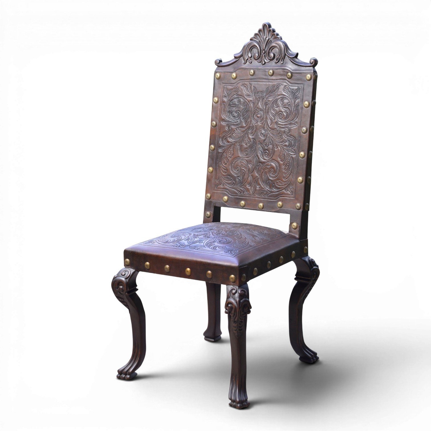 Handmade dining chair with hand-tooled leather back and seat, dark carved wood frame