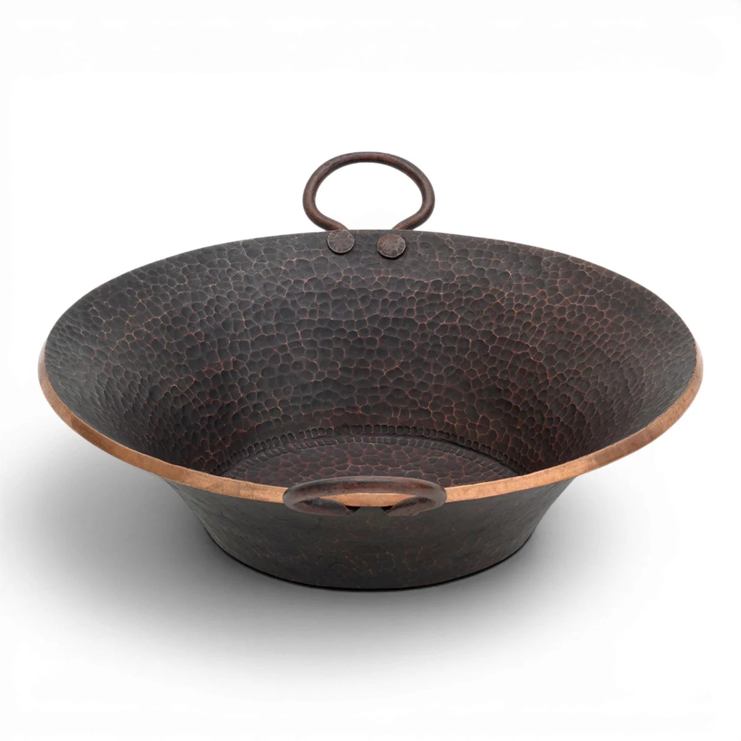 Hacienda Old World hand forged miner's pan hammered copper vessel sink with decorative handles and oil rubbed bronze finish.