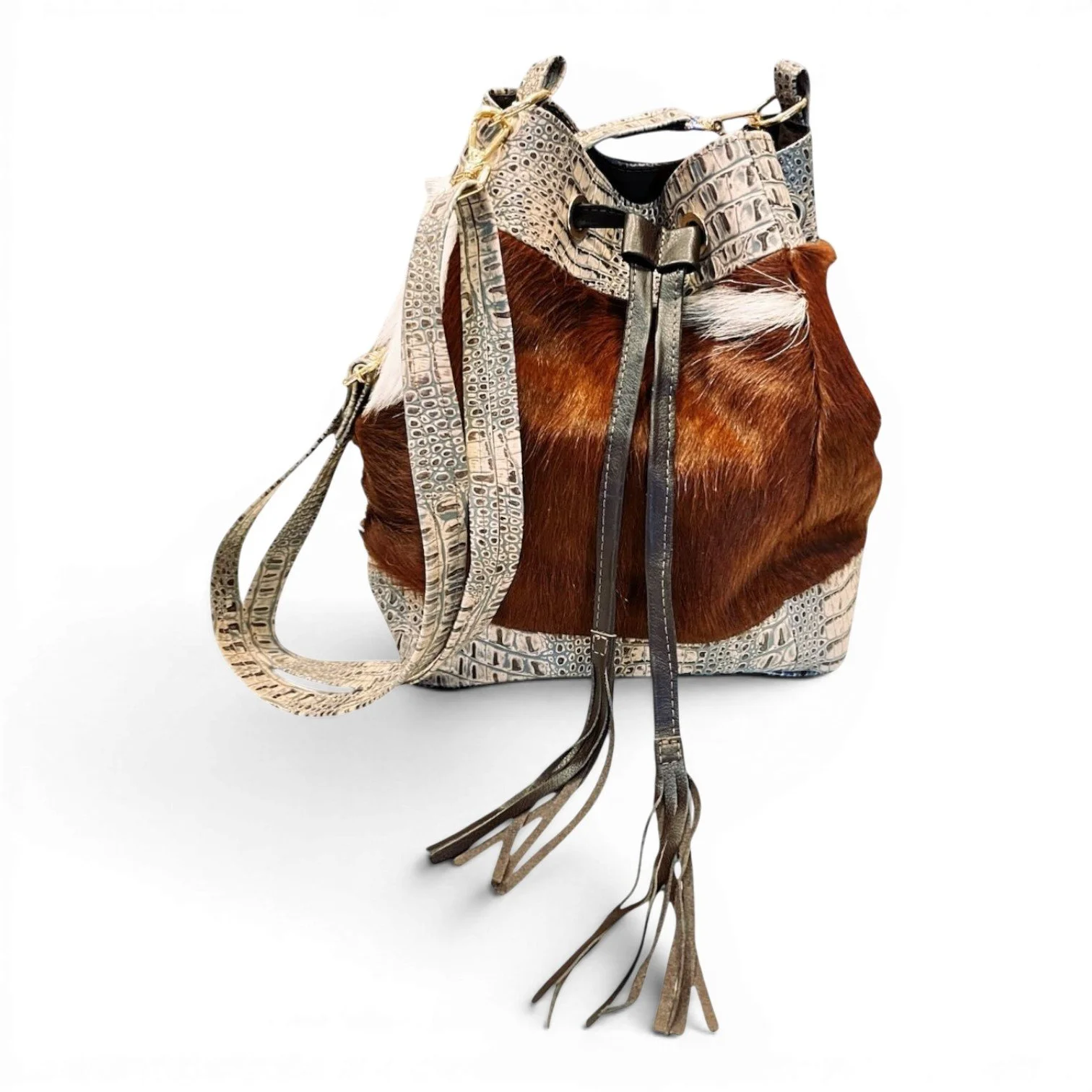 Handmade Brazilian cowhide boho bag with genuine leather and natural hide details