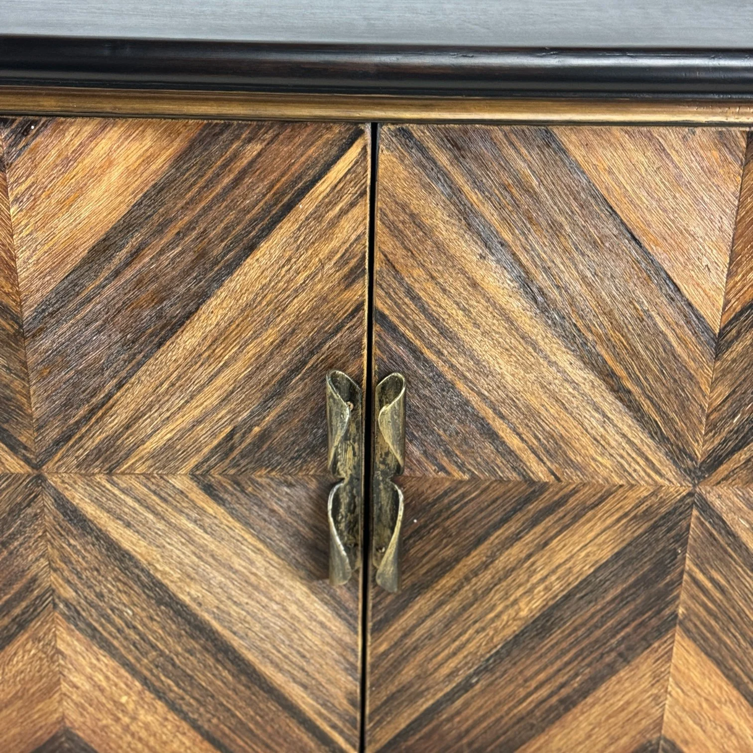Handmade Peruvian Triana Buffet Chest with black finish, brown geometric doors, and metal handles