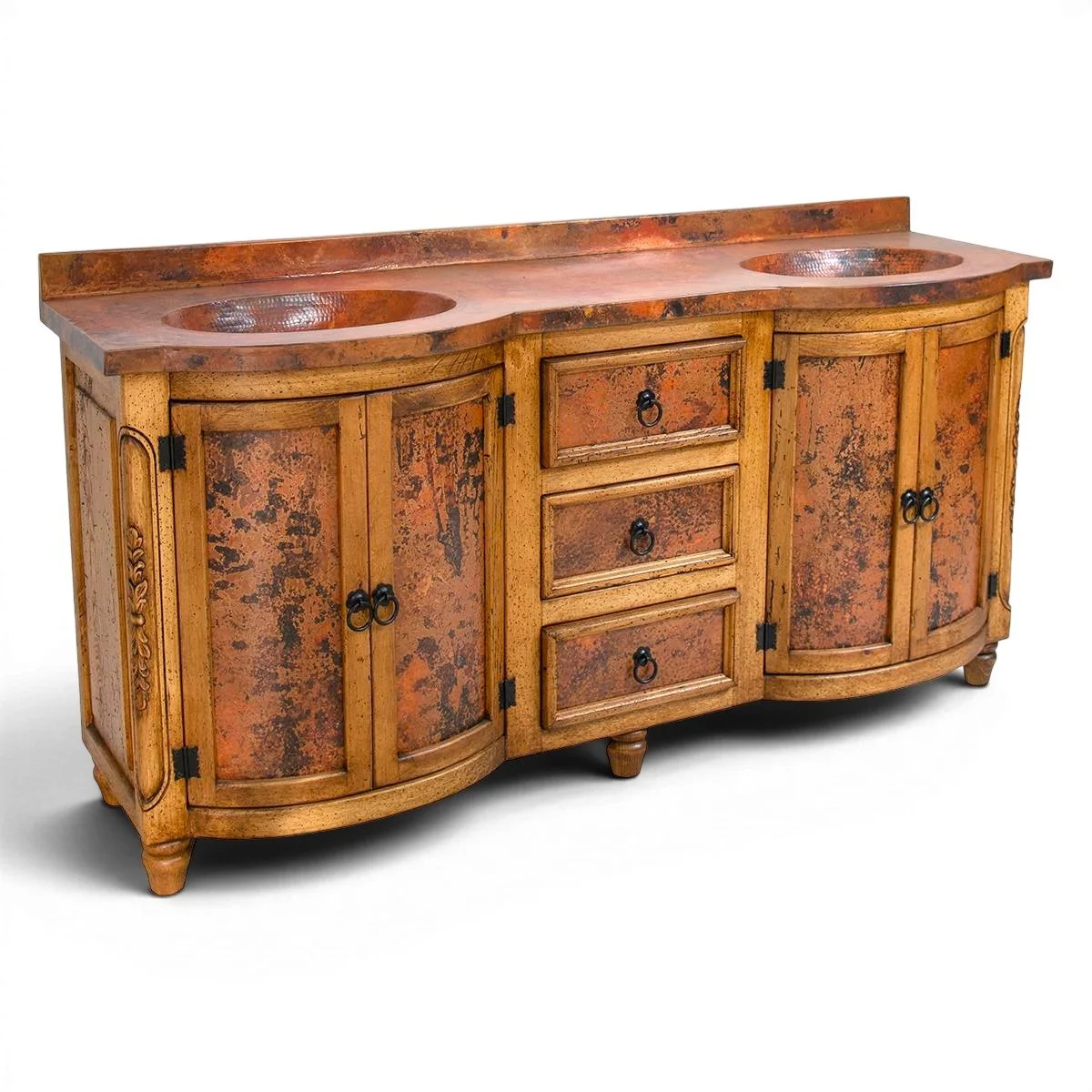 Handmade Hacienda Elegante bathroom vanity with dual hand-hammered natural copper sinks, carved wood, and iron hardware.