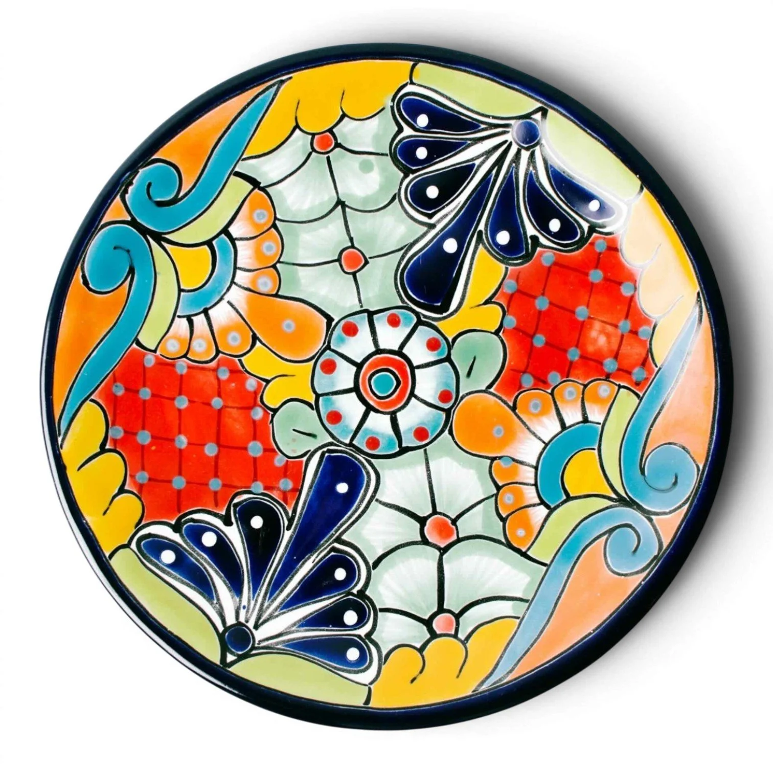 Handmade Mexican Talavera 12-inch dinner plate with colorful hand-painted design and assorted rim colors