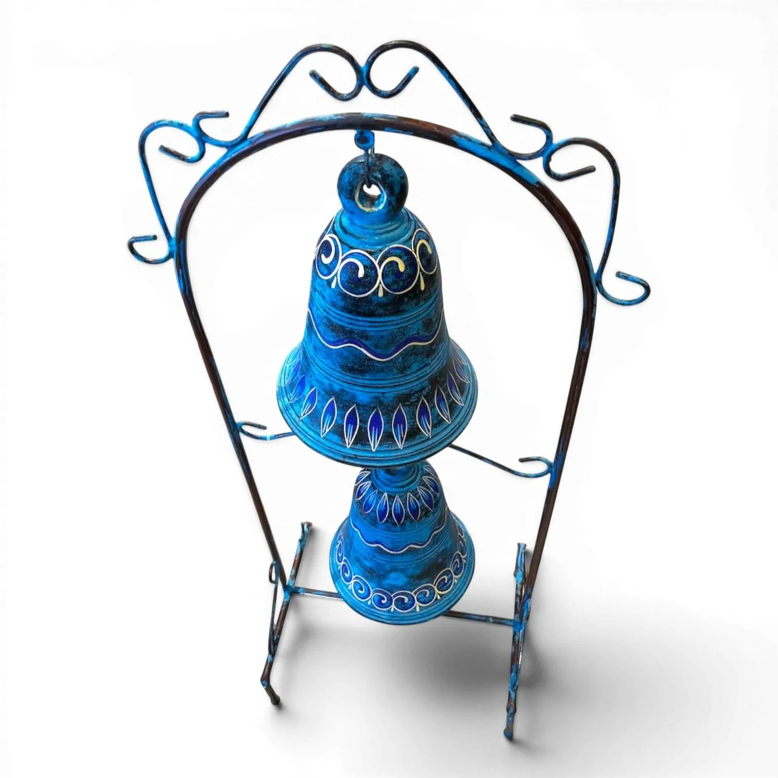 Handmade Mexican blue clay double bell on rustic metal stand