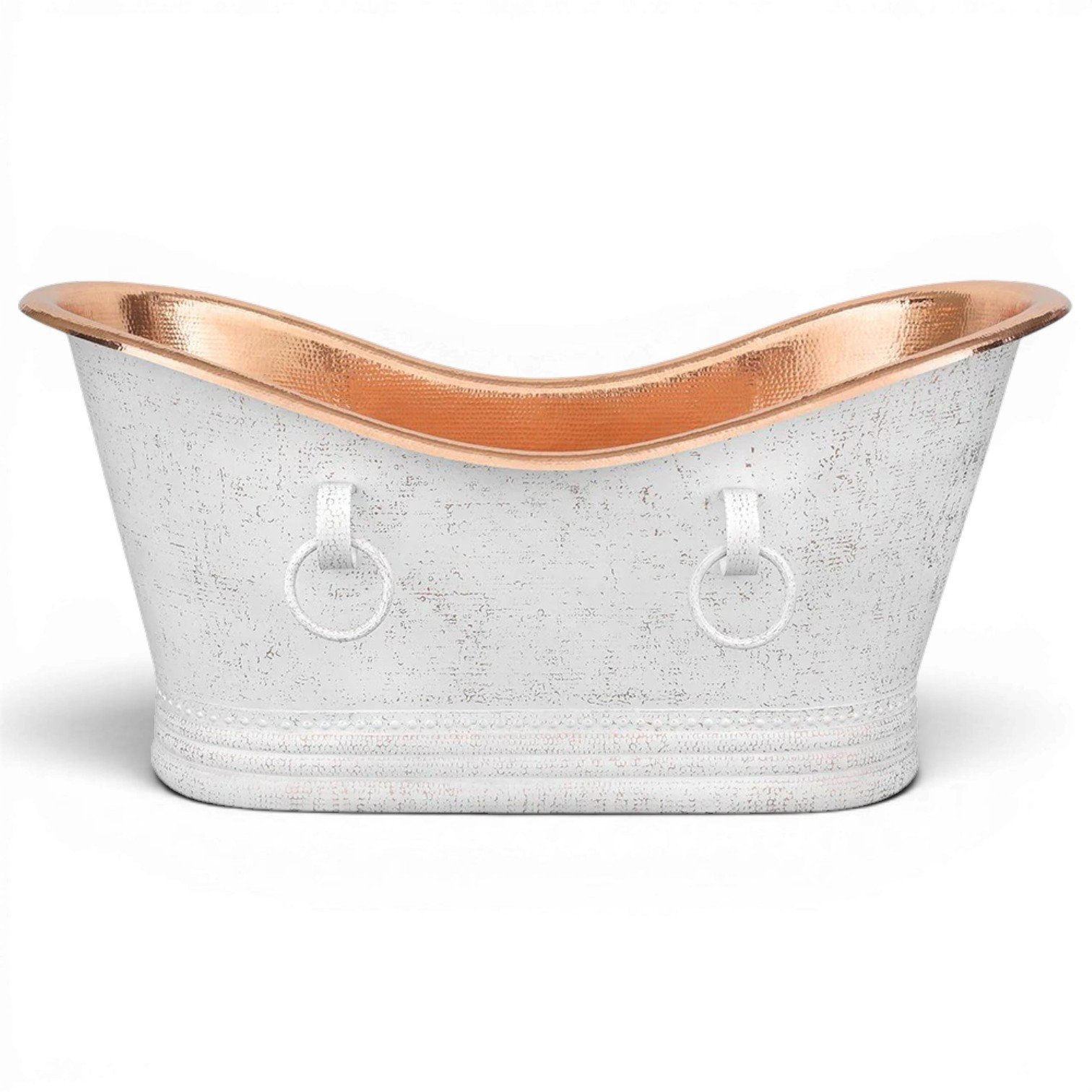 Handmade white and hammered copper double slipper bathtub with polished copper interior