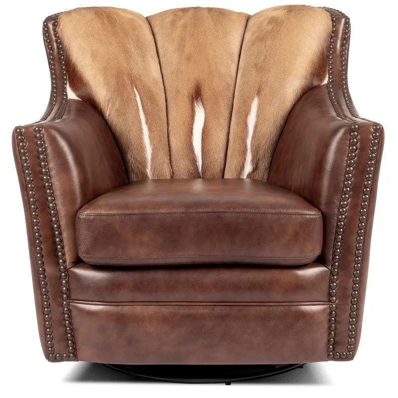 The Deadwood Old West Swivel Chair features premium top-grain leather and smooth swivel functionality for refined Western heritage comfort and style.