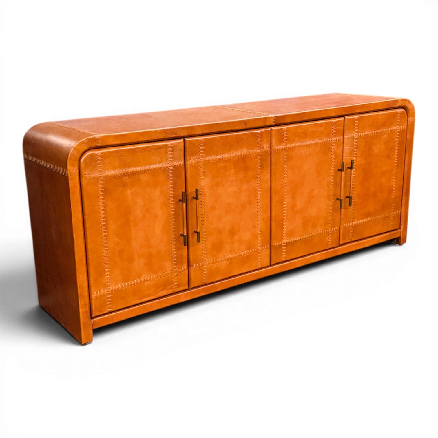Handmade Yazmin Cognac Leather Buffet from Peru featuring rich cognac leather doors, artisan stitching, and concealed storage.