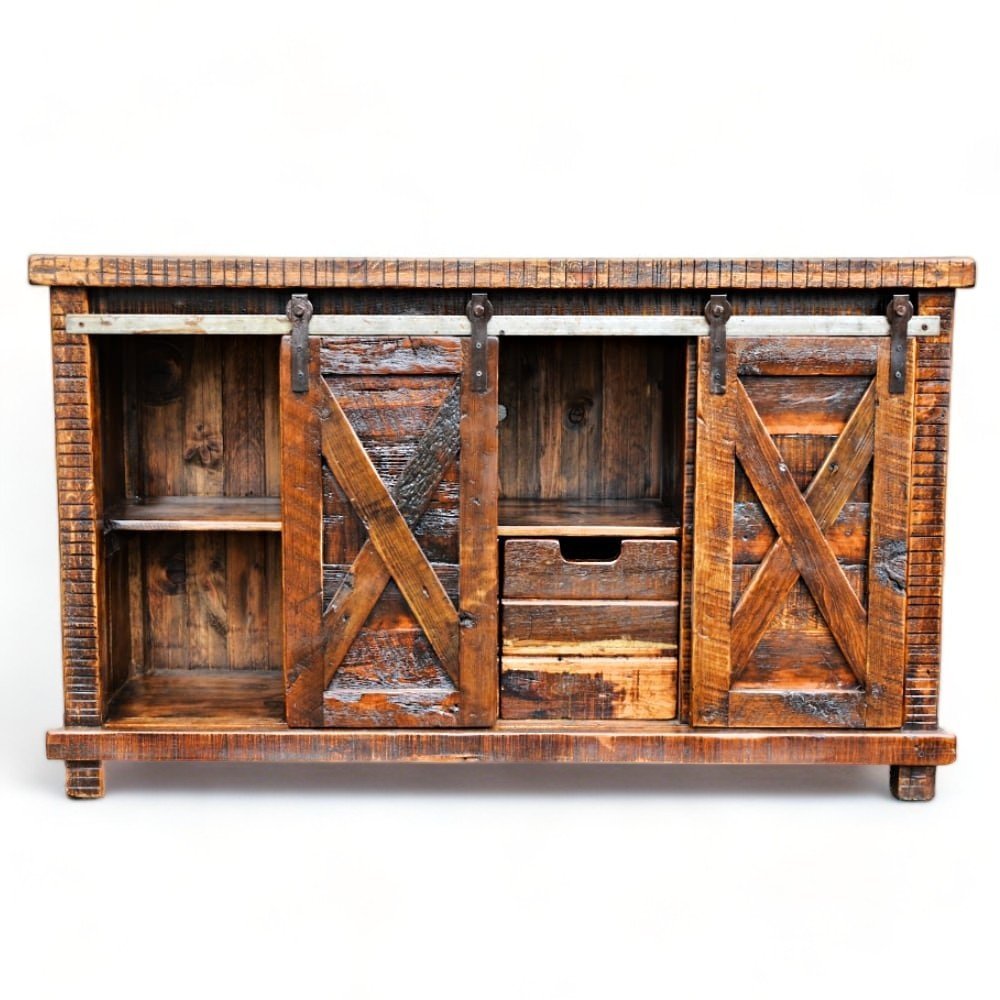 Handmade Antiguo Granero Console crafted in Mexico from reclaimed wood with sliding barn doors and rustic iron hardware.