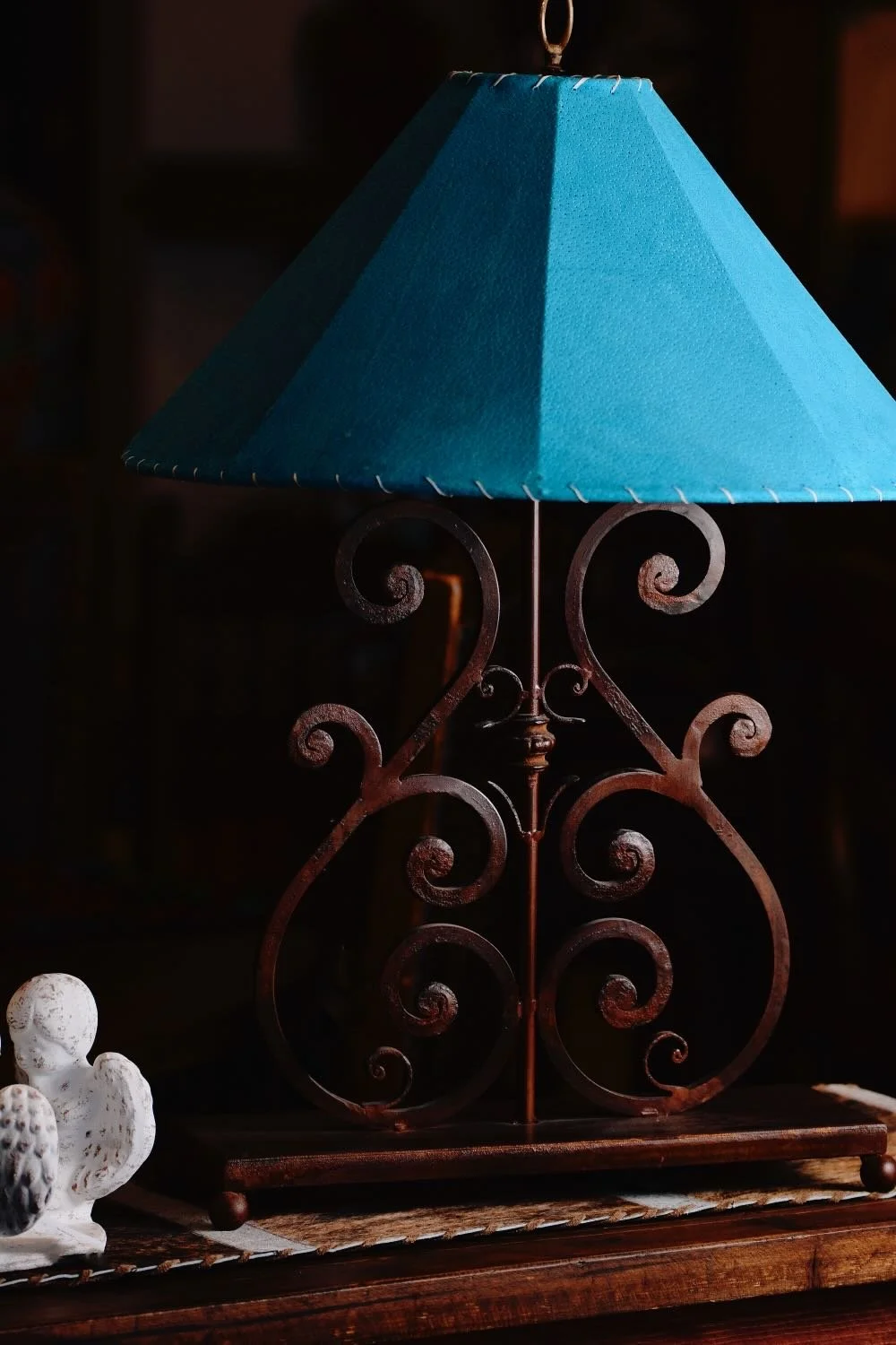 Handmade Wrought Iron Lamp and Turquoise Pigskin Lampshade from Mexico