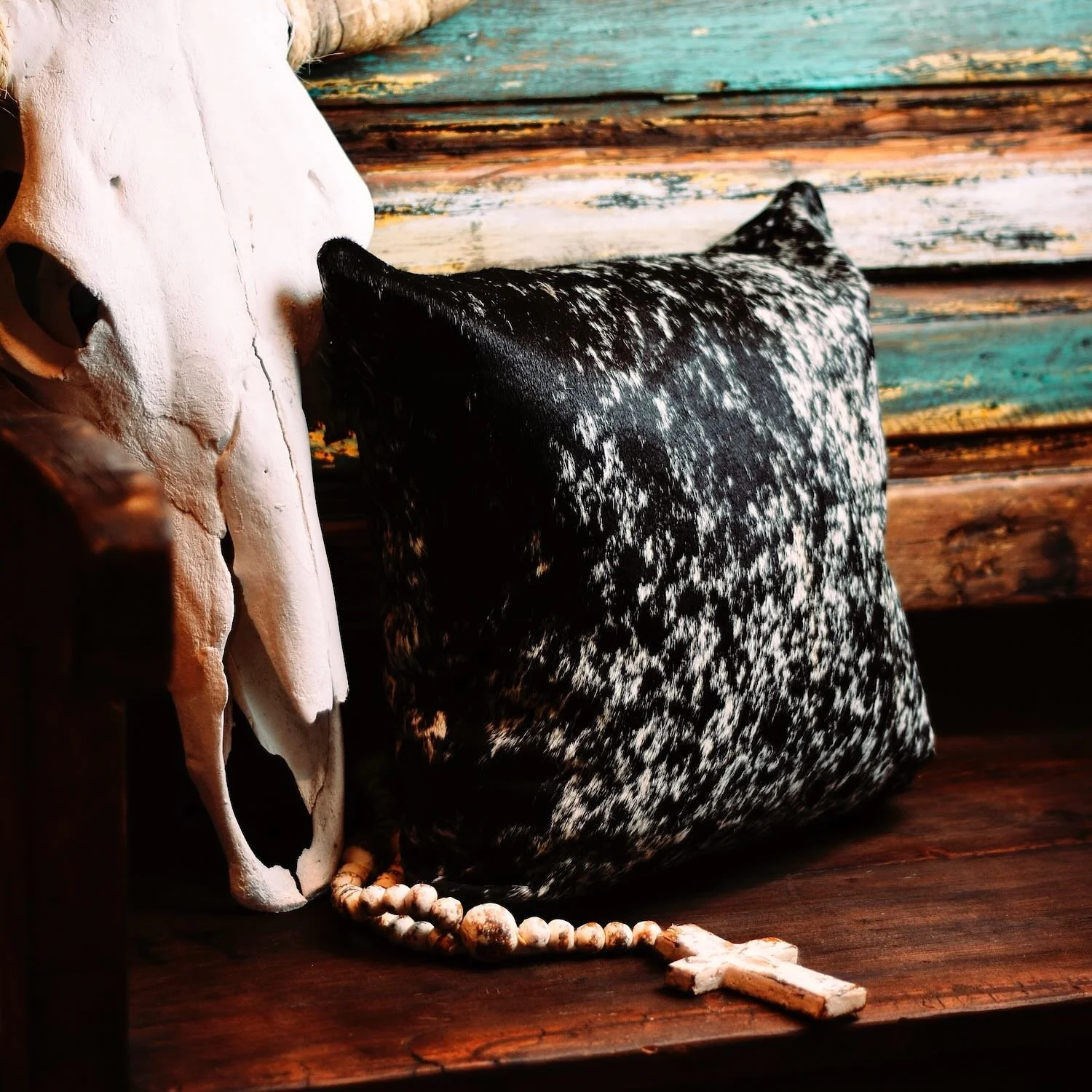 Handmade Brazilian Tombstone Pillow featuring cowhide and leather Western design, 18x18 decorative throw pillow.