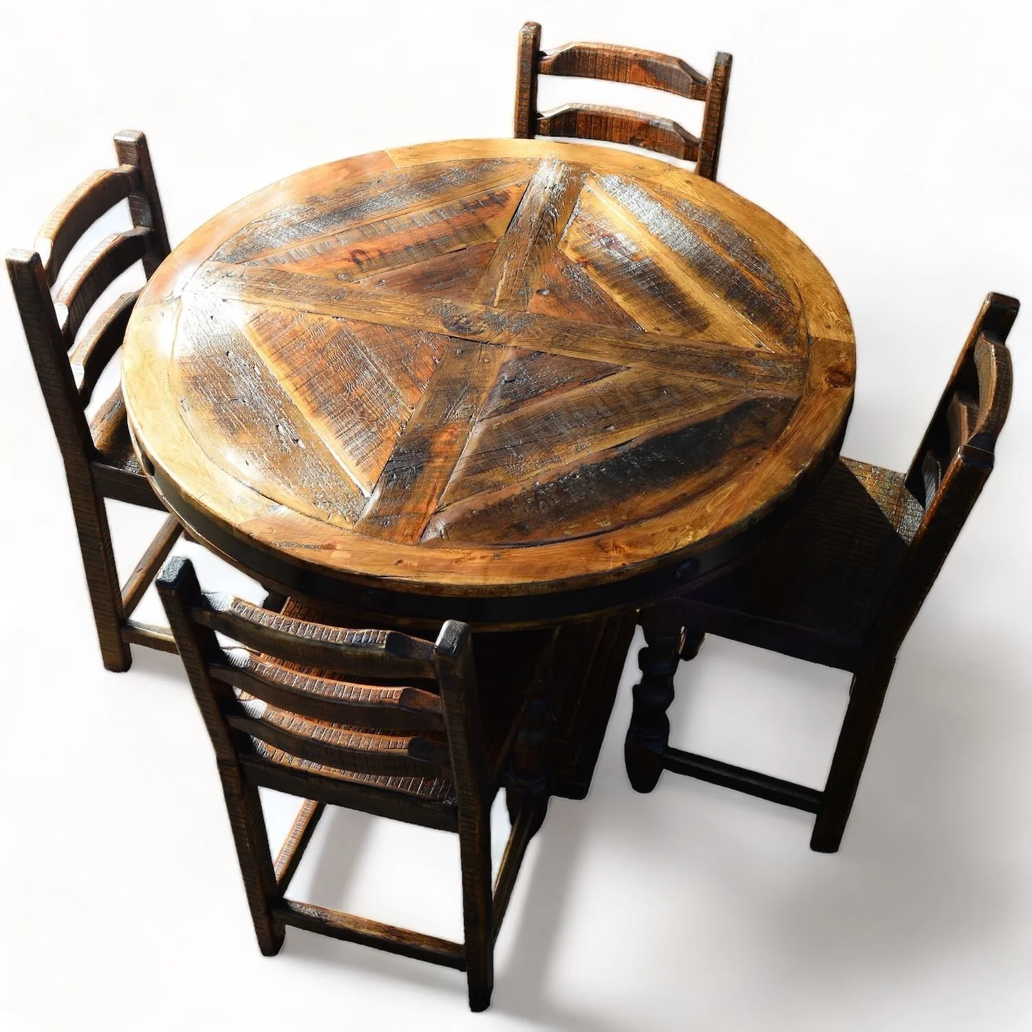 Handmade Mexican round reclaimed wood bar table with iron trim and clavos