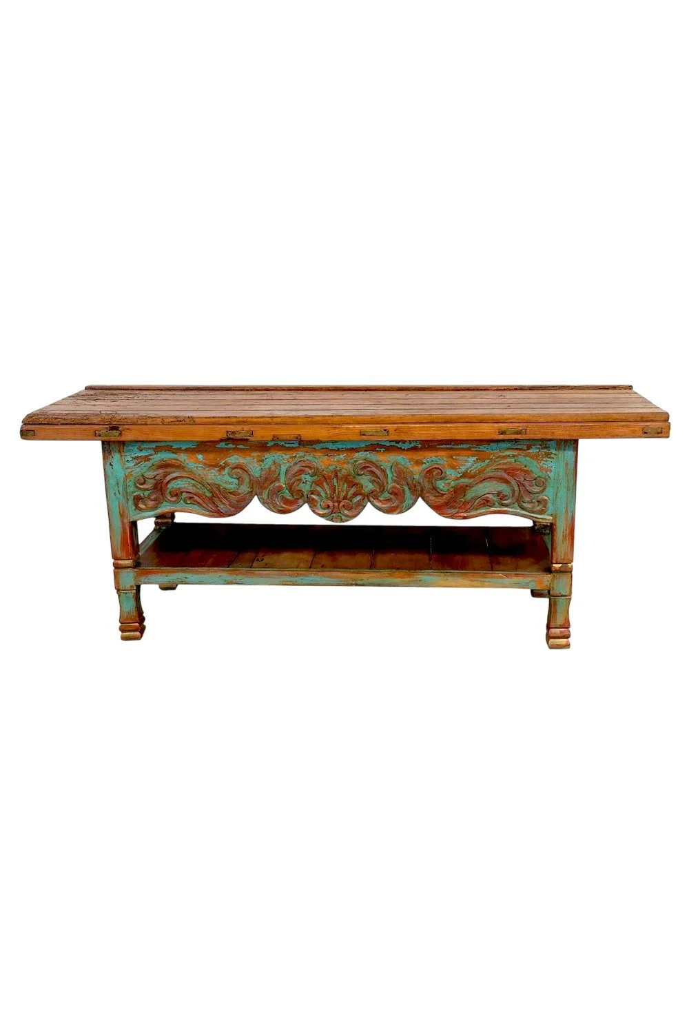 Shop the Agave Carved Sofa Table handmade in Mexico. Reclaimed wood door top with verdigris finish and carved details for rustic luxury console style.