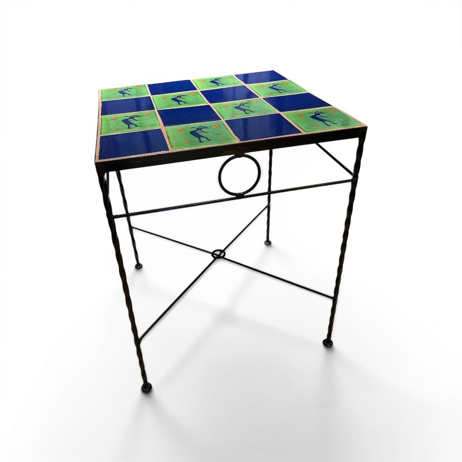 Handmade Talavera 16 Tile Table with colorful Mexican ceramic tiles and twisted wrought iron legs.
