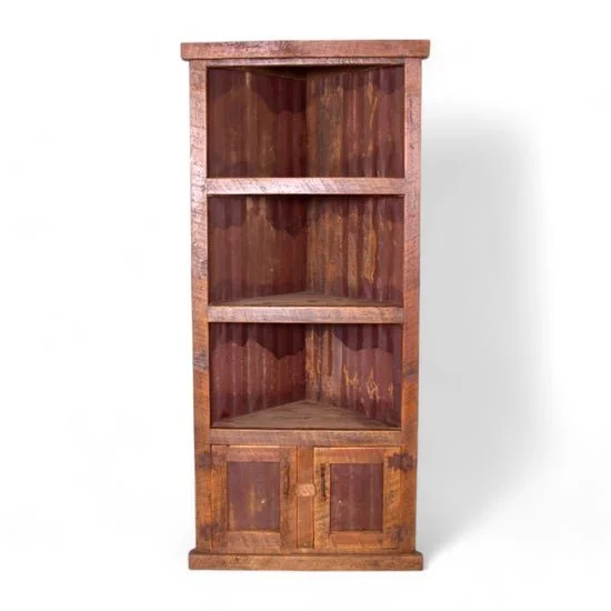 Handmade Mexican reclaimed wood corner cabinet with aged metal panels and iron hardware