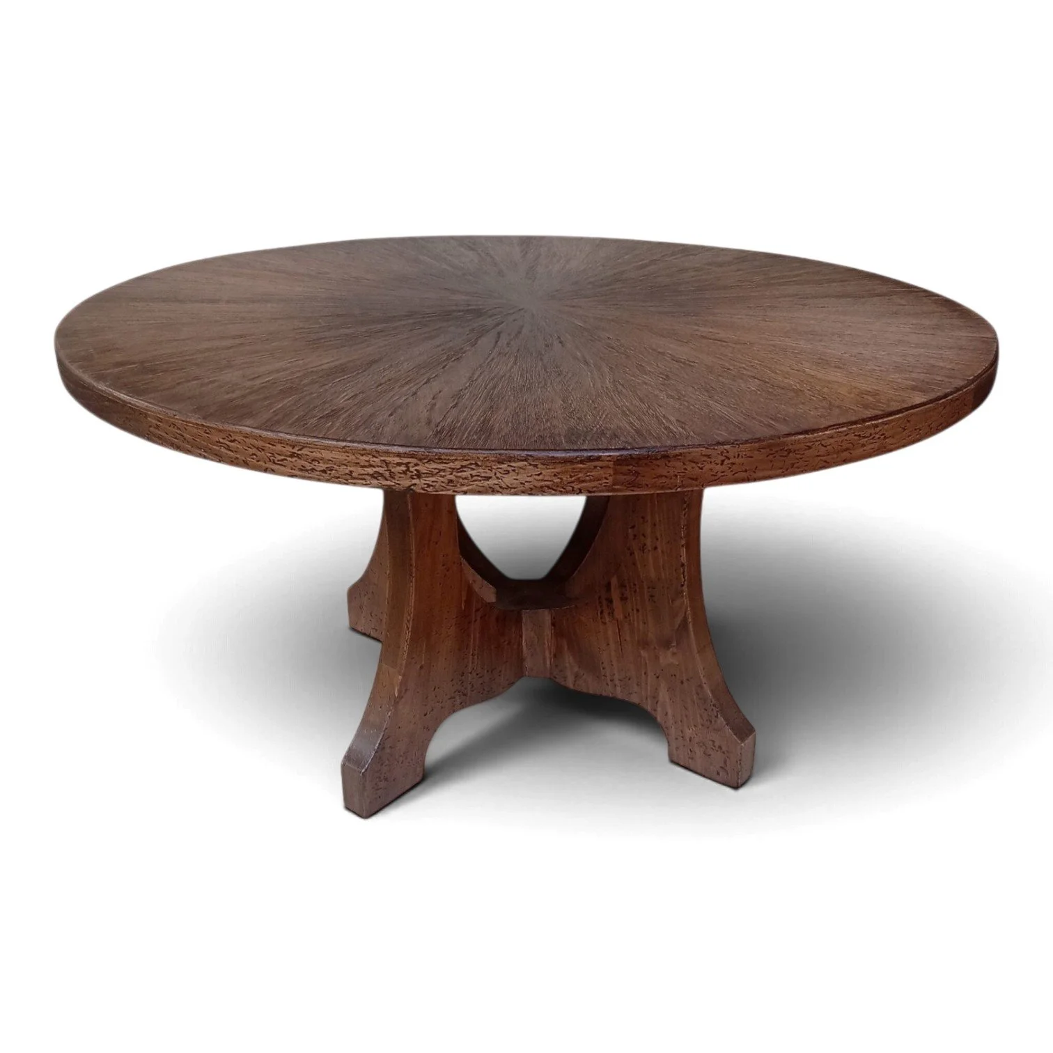 Handmade round dining table with golden brown finish and cowhide-textured top