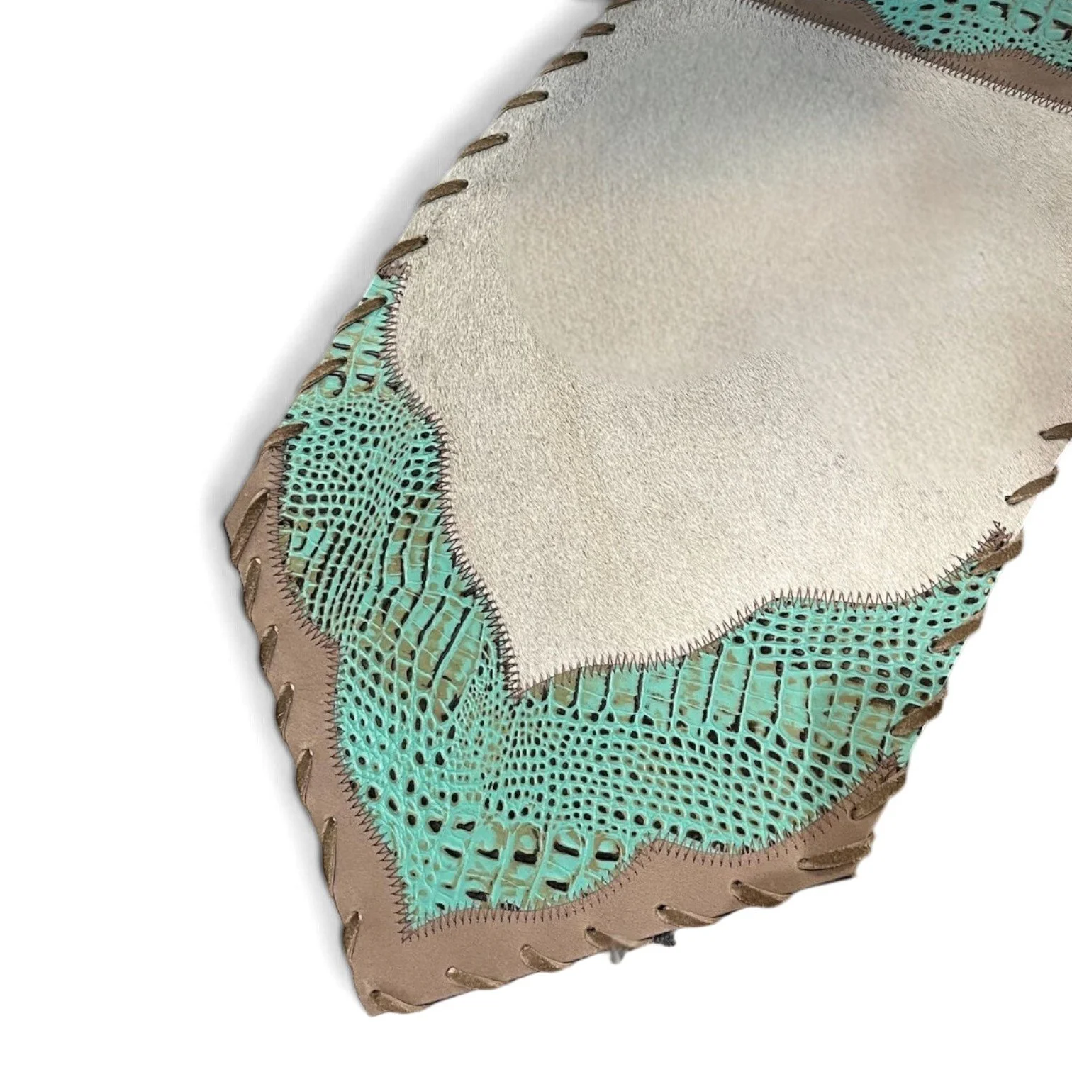 Handmade Brazilian cowhide table runner with tooled leather