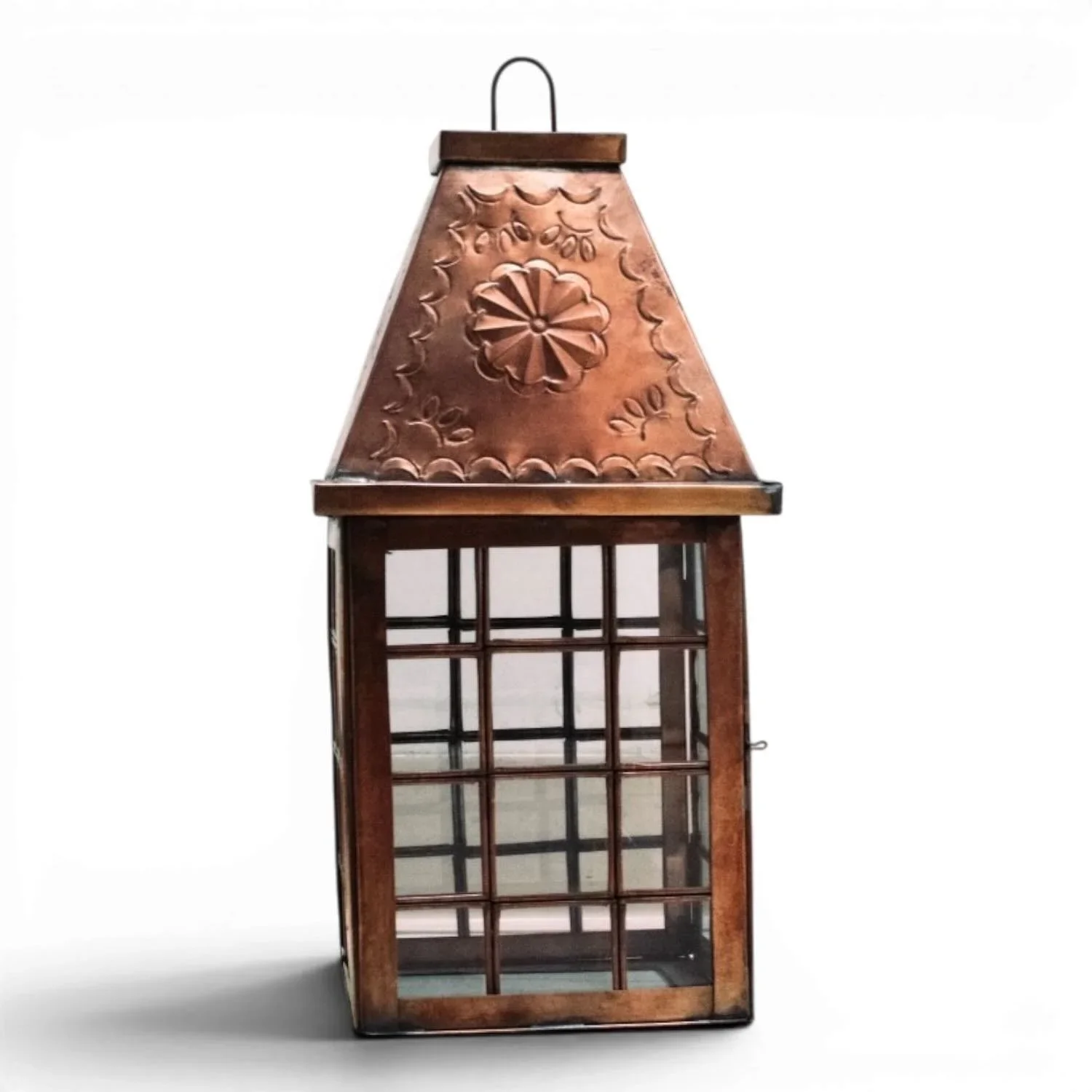 Handmade Linternas de Bronce lantern with bronze punched tin and glass, usable as candle or wired hanging light.