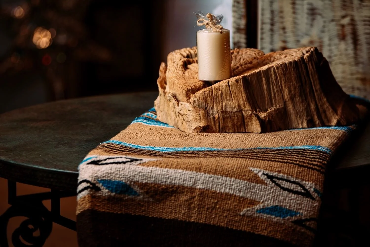 Carved Wood Art, Candle, Handwoven Blanket and Copper Table from Mexico