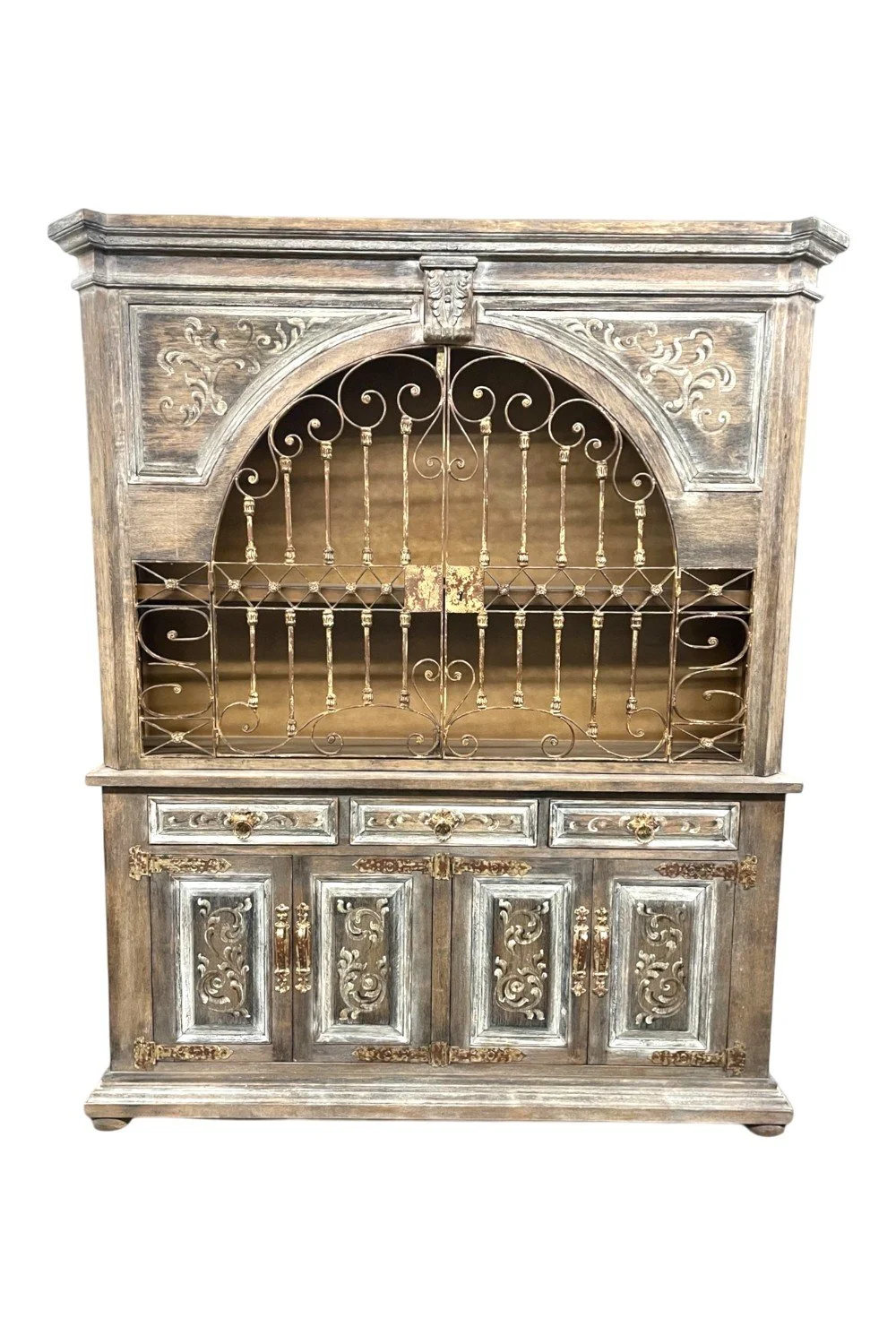 Shop the La Oroya Buffet & Hutch handmade in Peru. Distressed wood cabinet with carved scrollwork, wrought iron doors, and French country farmhouse style.