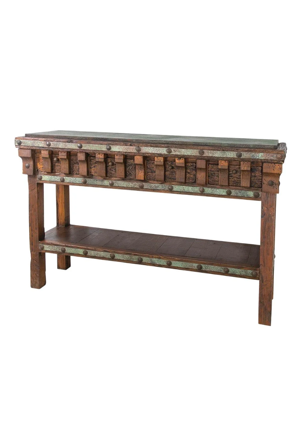 Shop the San Felipe Cobre Sofa Table handmade in Mexico. Dark wood console with verdigris copper top, clavos, and artisan carved details.