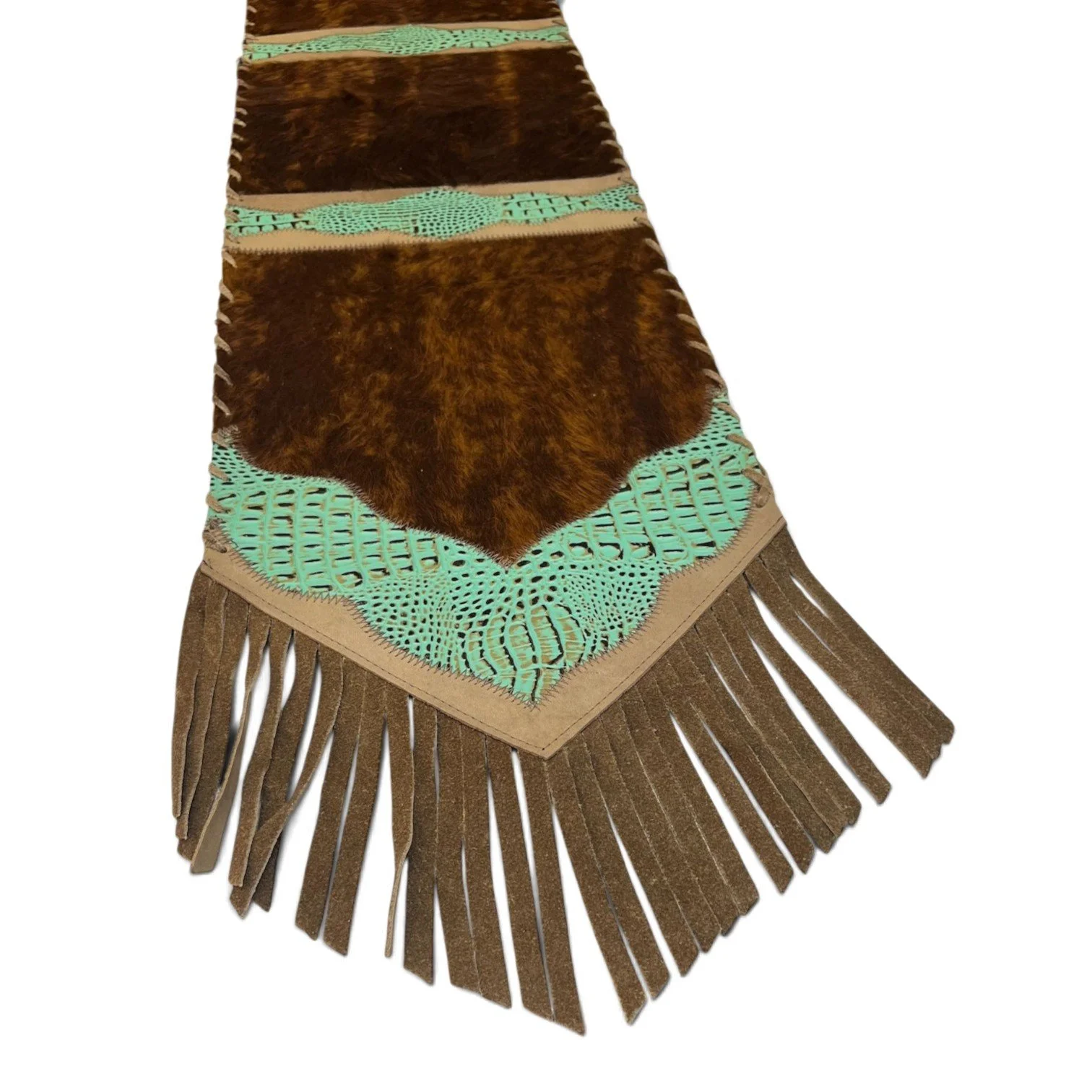 Handmade Brazilian cowhide table runner with tooled leather and fringe