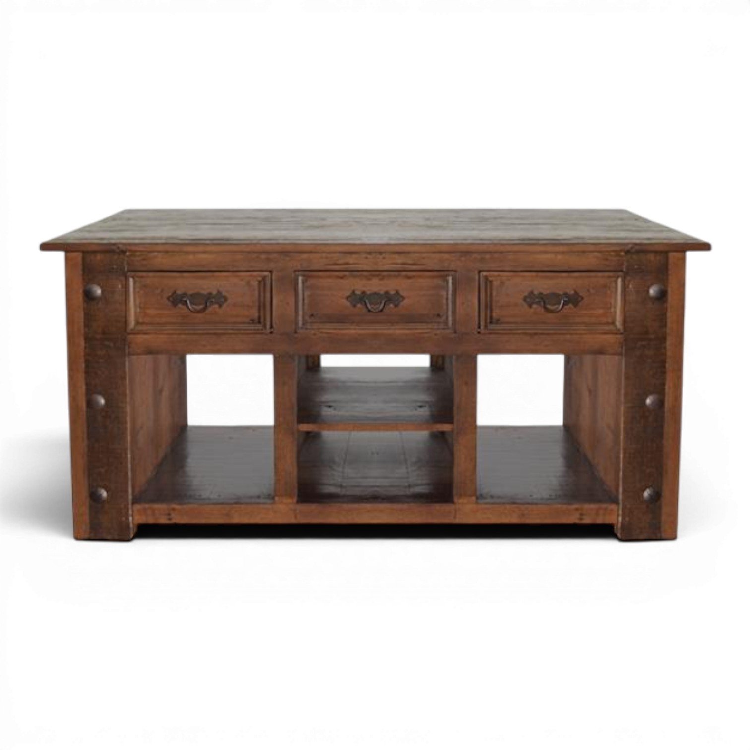 Handmade Mexican Farming kitchen island with solid wood construction, rich dark stain, iron hardware, and decorative iron clavos.