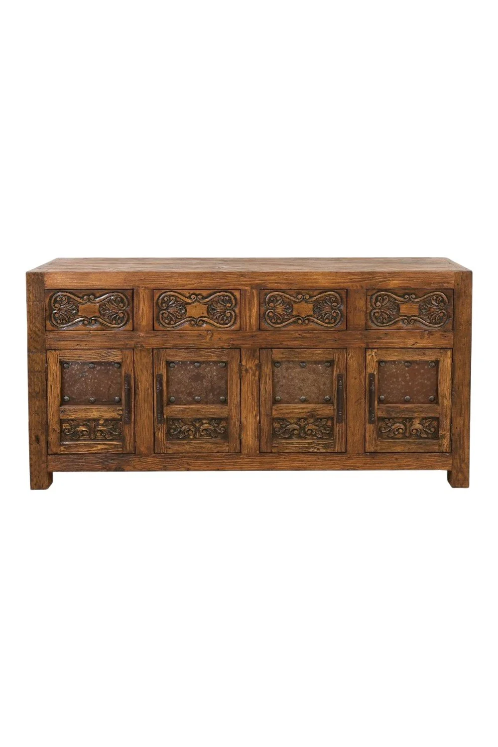 Shop the Encino Carved Buffet handmade in Mexico. Solid wood buffet with carved details, pounded metal panels, iron hardware, and rustic luxury storage style.