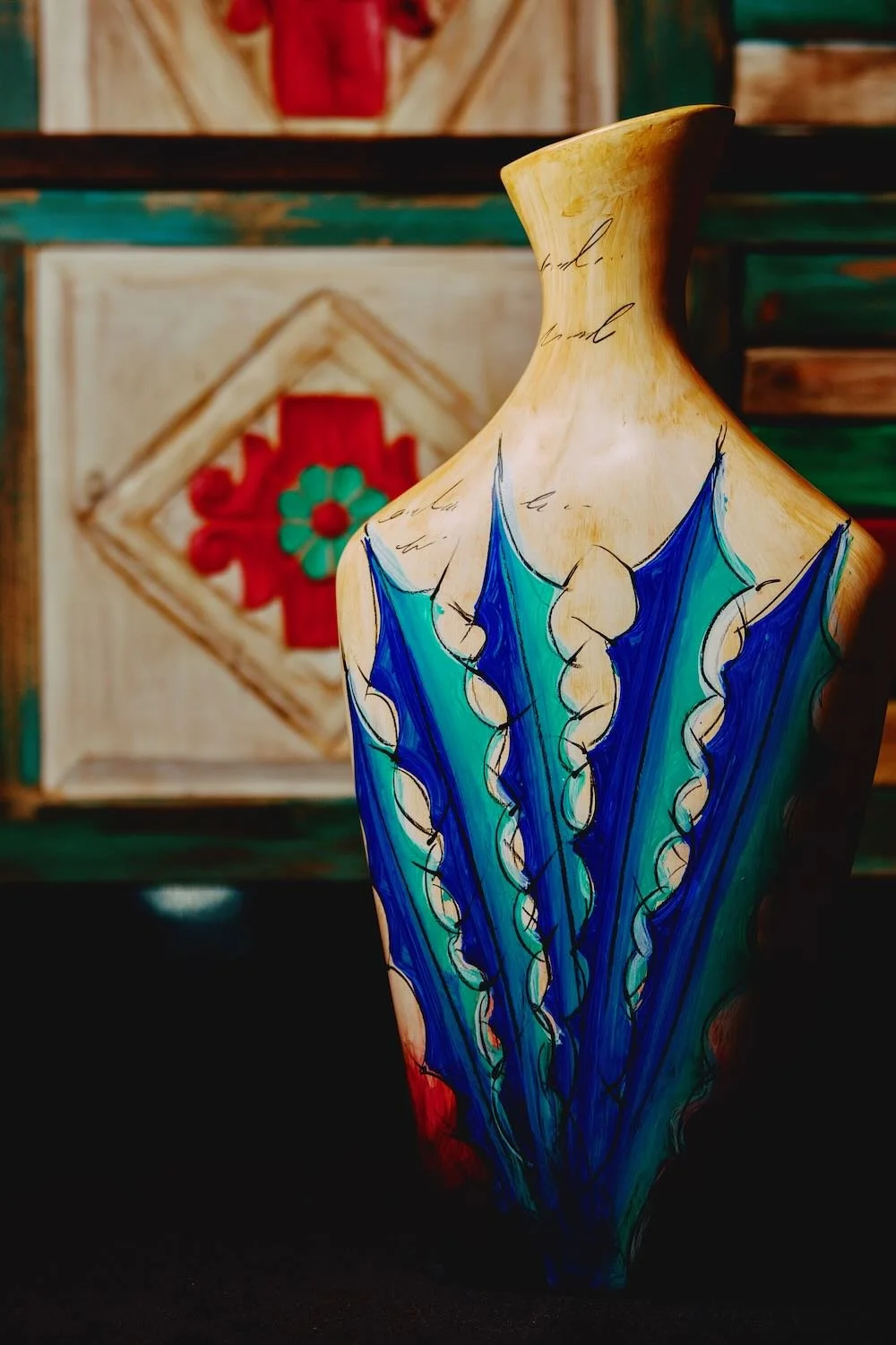 Handmade clay vase with agave painted design from Mexico in beautiful turquoise and blue. 
