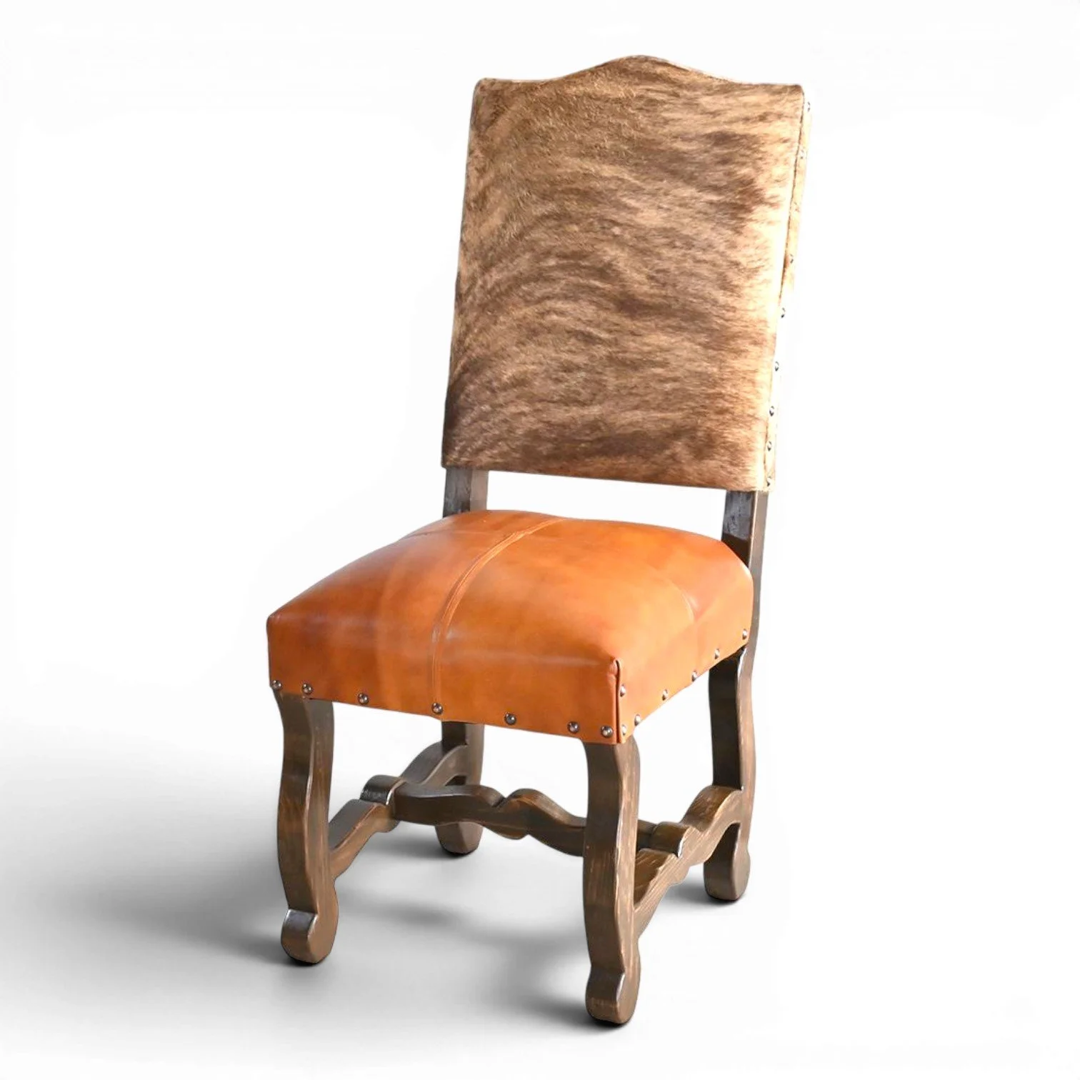 Handmade San Lucas terracotta leather and genuine cowhide dining chair with dark wood frame and decorative nailhead trim crafted in Mexico.