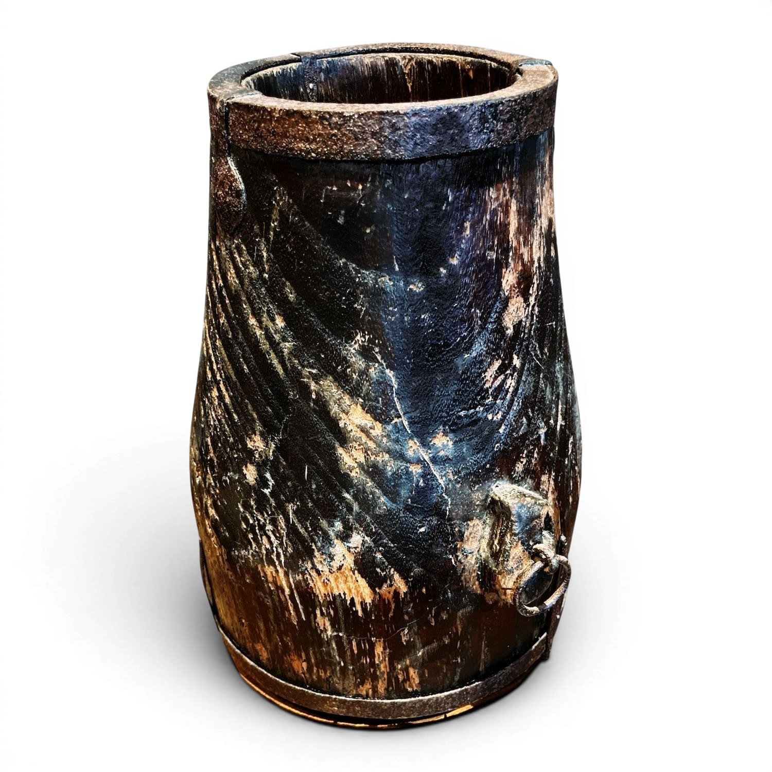 Handmade antique wooden vessel from India with rustic aged patina and artisan craftsmanship.