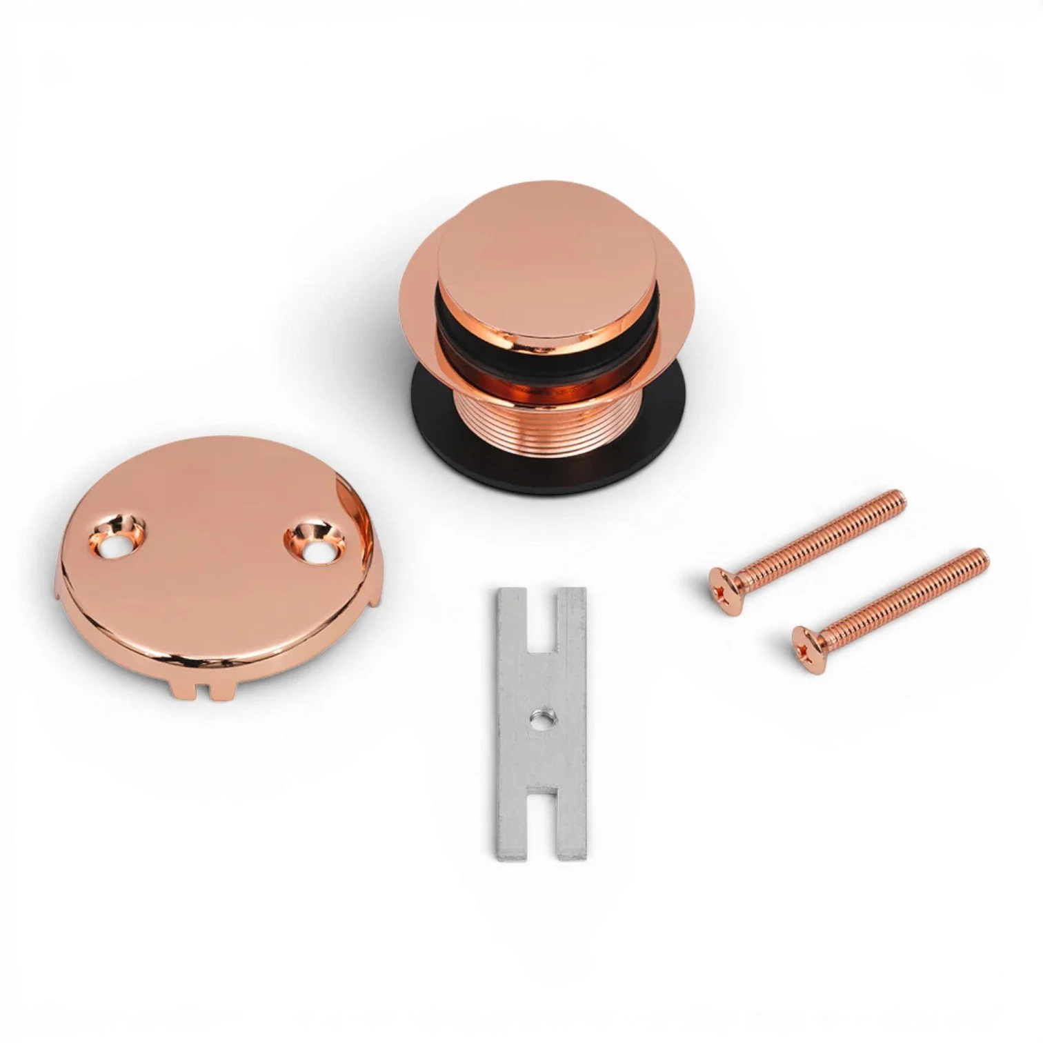 Solid brass tub drain trim with two-hole overflow cover and push pop toe-click operation for bathtub installations. Polished Copper