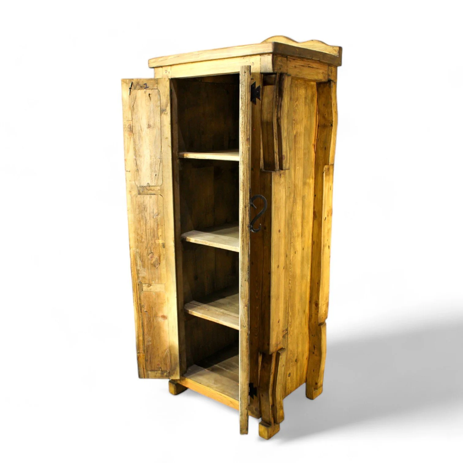 Handmade Amarillo Cabinet crafted in Mexico from reclaimed wood with a light stain and rustic iron hardware.